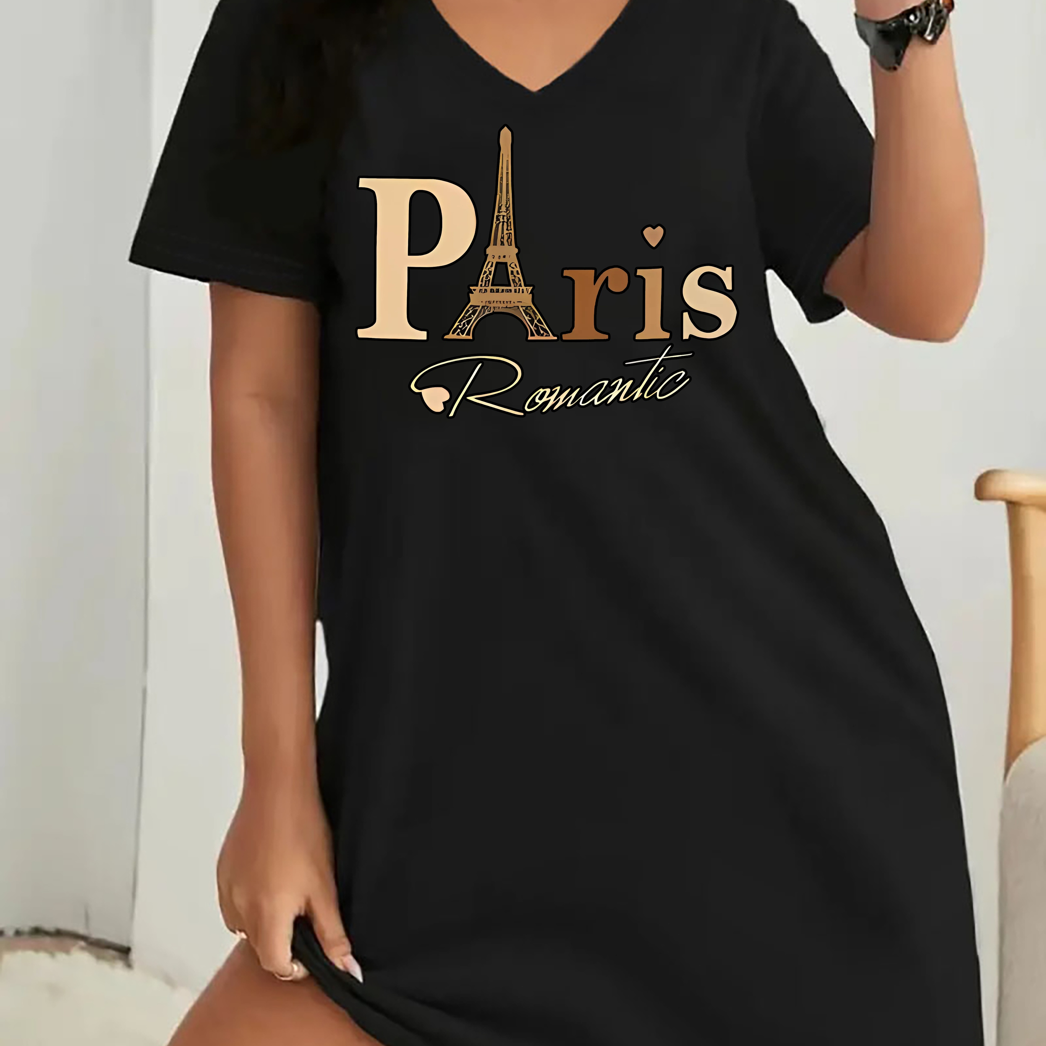 

Size Paris Tower & Letter Dress - V-neck, Short Sleeve, Stretch Fabric For Spring/summer