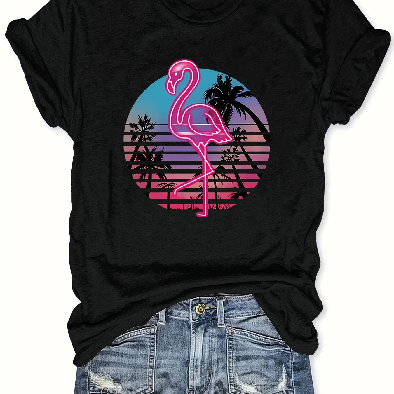 

Plus Size Flamingo Print T-shirt, Casual Short Sleeve Top For Spring & Summer, Women's Plus Size Clothing