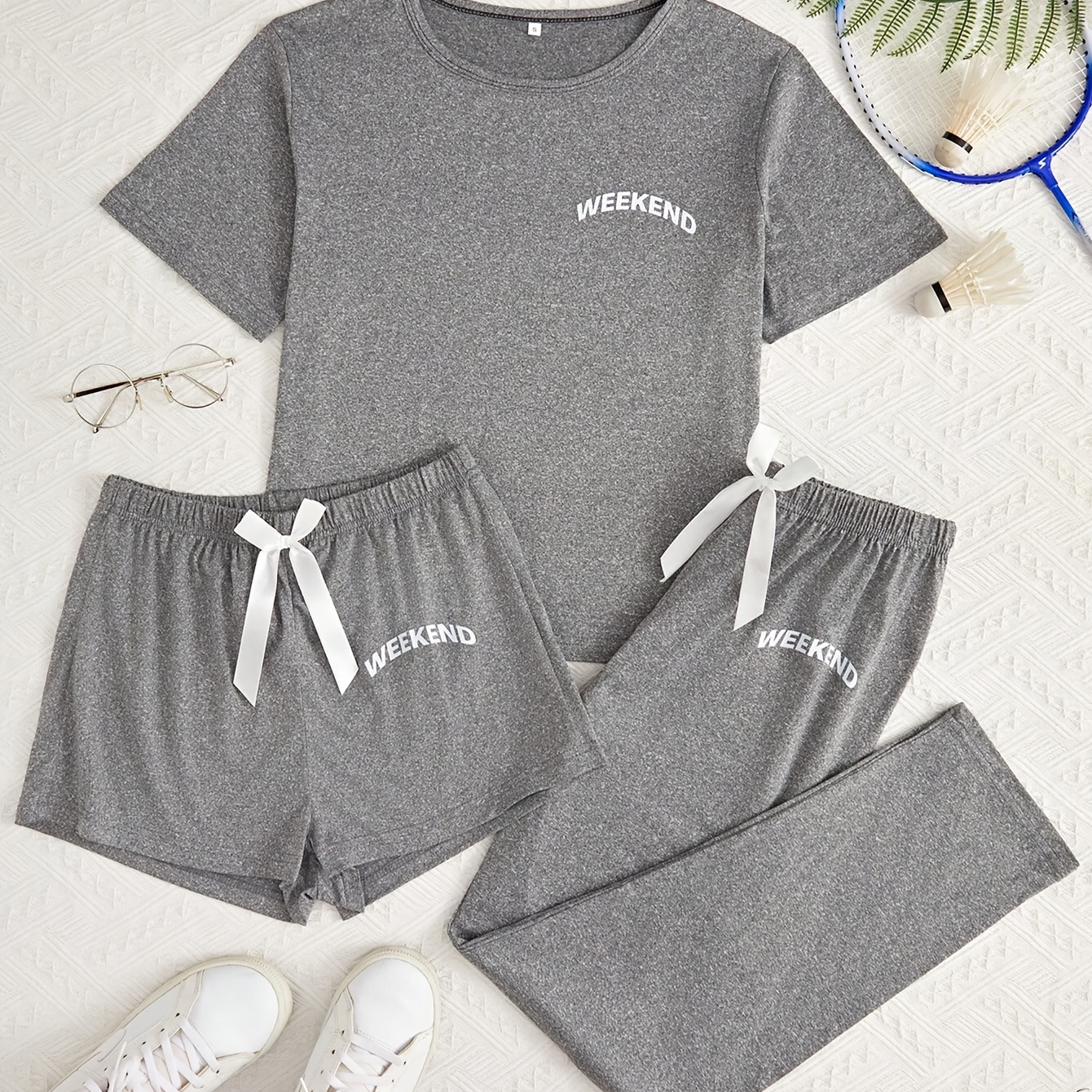 

Letter Print Lounge Set, Casual Short Sleeve Round Neck Top & Elastic Shorts & Pants, Women's Loungewear