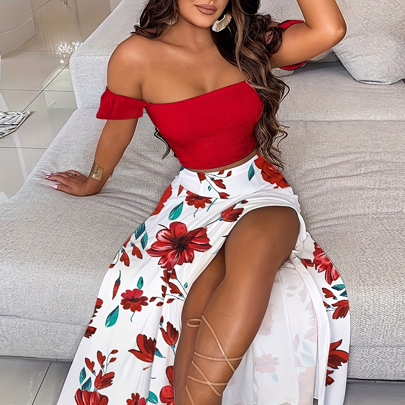 Elegant Boho 2 Pieces Set, Off Shoulder Smocked Solid Tube Top & Floral  Print High Waist Split Thigh Skirts Outfits, Women's Clothing