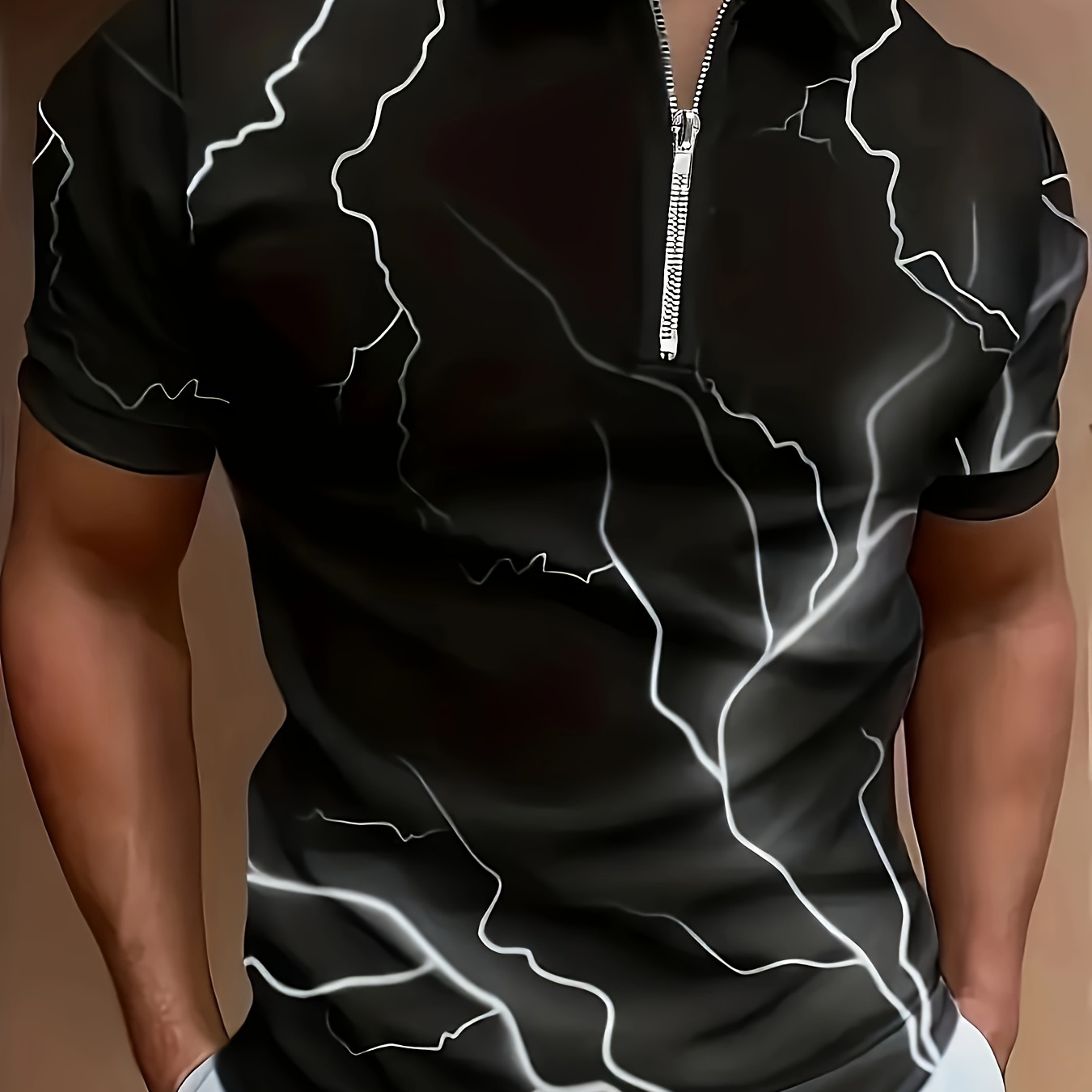 

Summer Men's Clothing, Stylish Geometric Pattern Short Sleeve Zip-up Shirt, Collared Tops, Men's Clothing