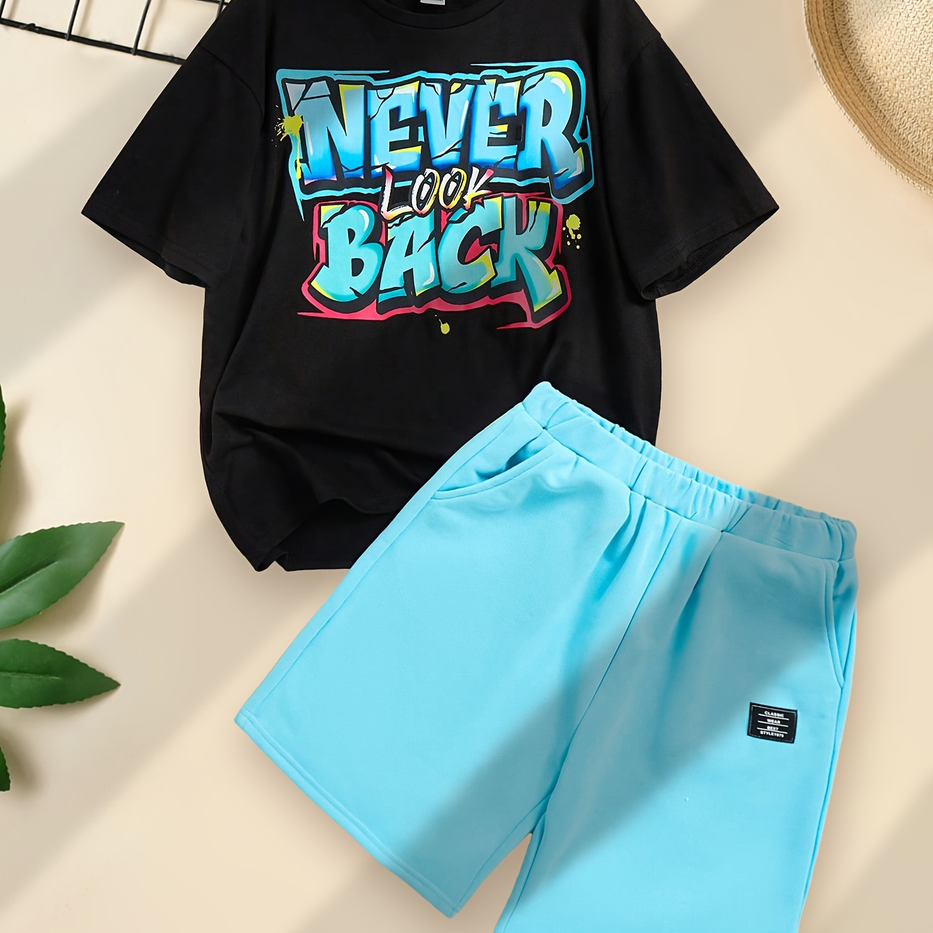 

2-piece Boys Summer Fashion Set, Casual Graphic "never Look Back" Printed Short Sleeve Tee In Black & Elastic Waist Solid Color Shorts In Blue, Outdoor Leisure Outfit