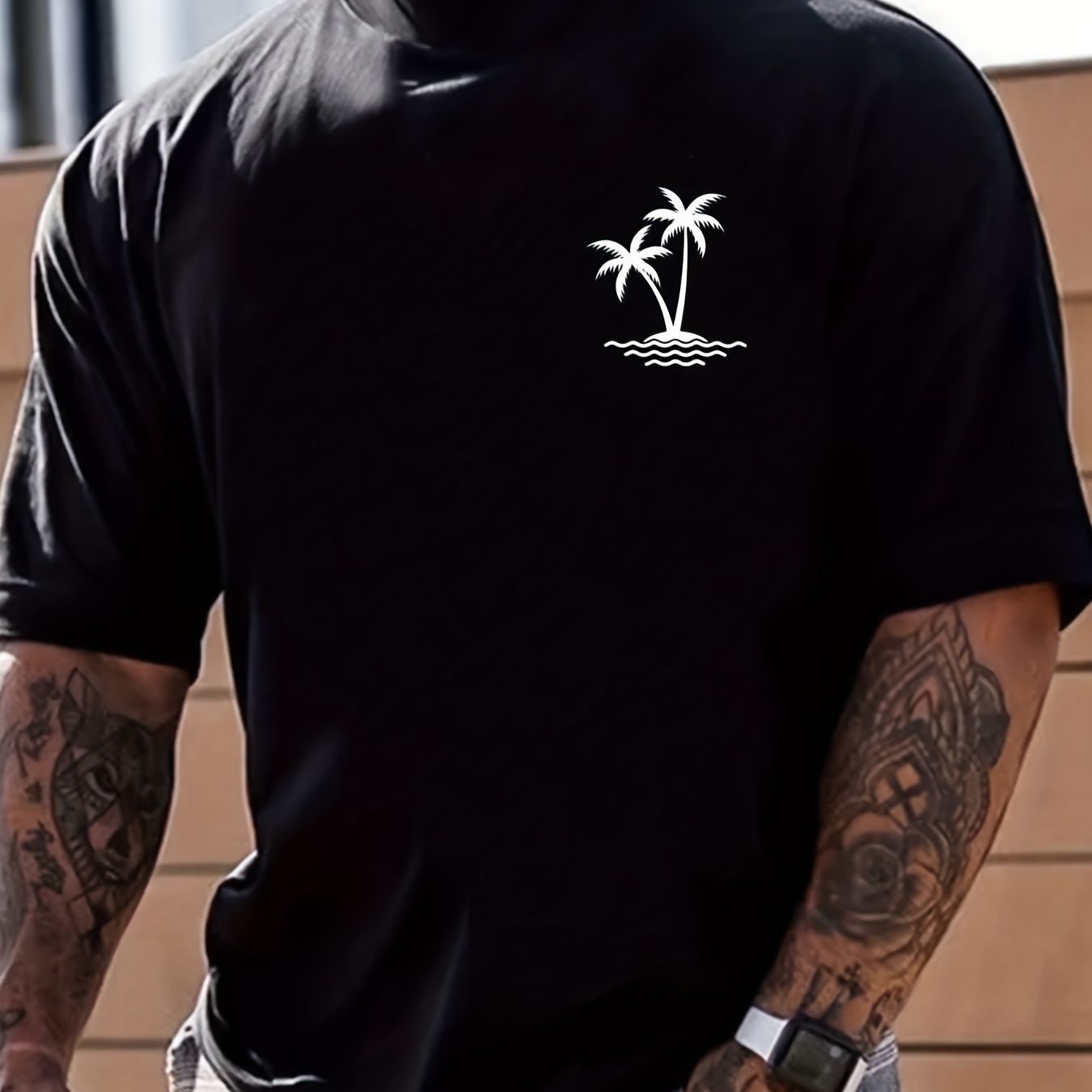 Coconut Palm Island Print, Men's Graphic Design Crew Neck Niche T-shirt, Casual Comfy Tees Tshirts For Summer, Men's Clothing Tops For Daily Vacation Resorts