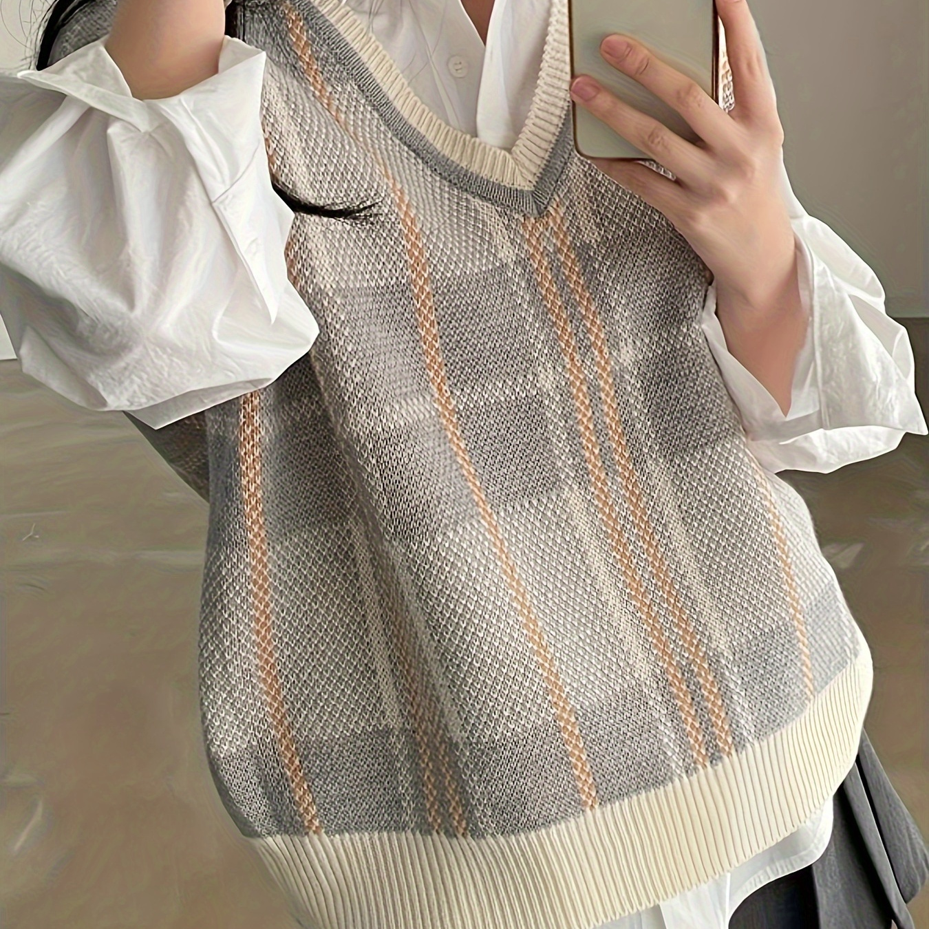 

1pc ' V- - Pullover Knitted , - , Pattern, Regular Length, All