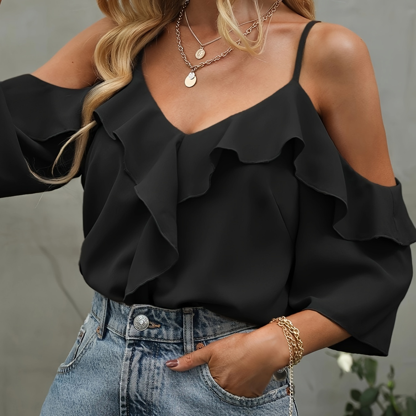 

Ruffle Trim Cold Shoulder Blouse, Casual V Neck Long Sleeve Strap Blouse For Spring & Fall, Women's Clothing