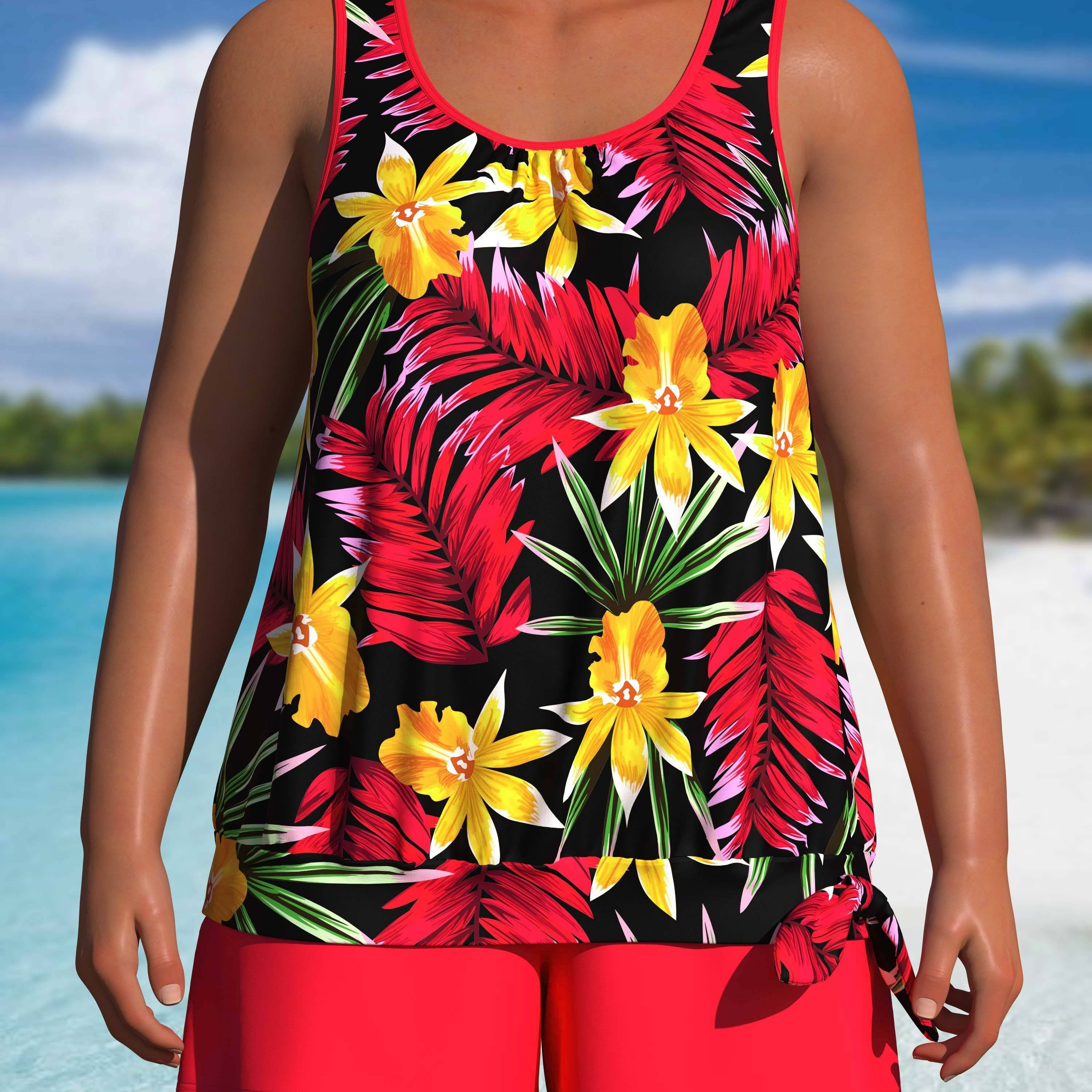 

Women's Vacay Tankini Set, Plus Size Tropical Print Round Neck Top & Boxer Short Bottom Swimsuit 2 Piece Set