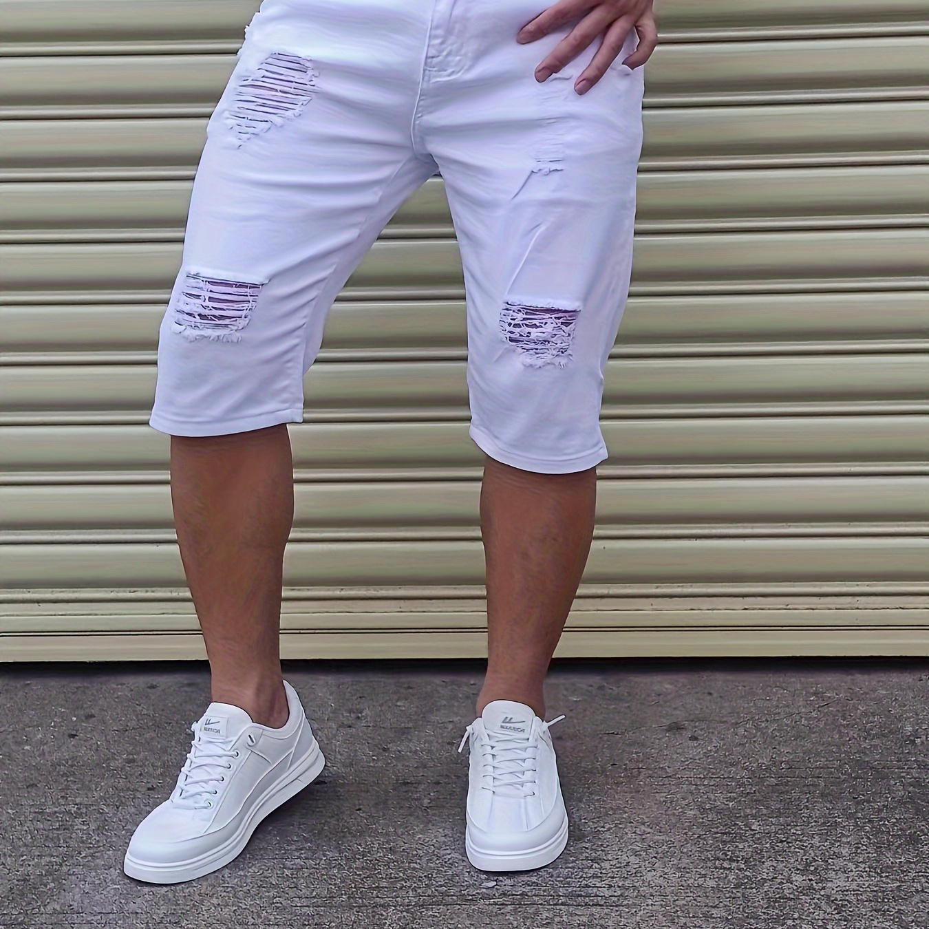 

Men's Chic Design Cotton Blend Ripped Slim Fit Jorts, Street Style Summer Bottoms For Men