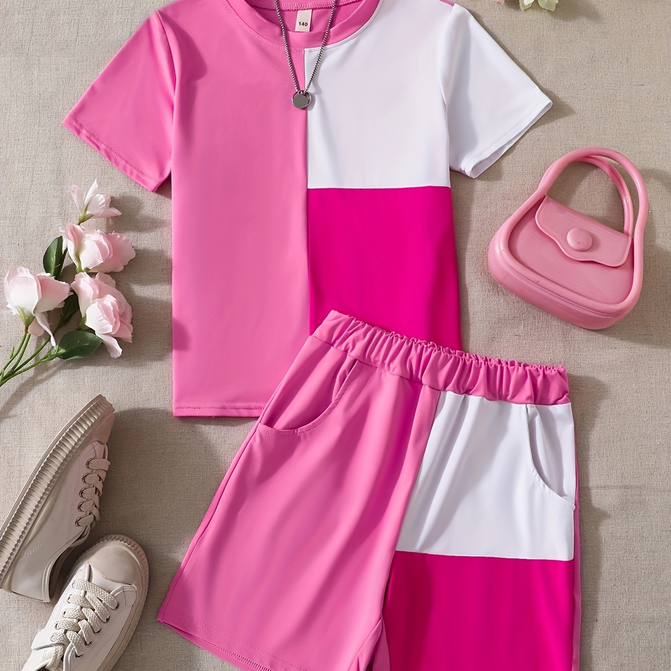 

Girls Classy Outfit 3pcs, Color Block Short Sleeve Tee + Shorts Set Streetwear