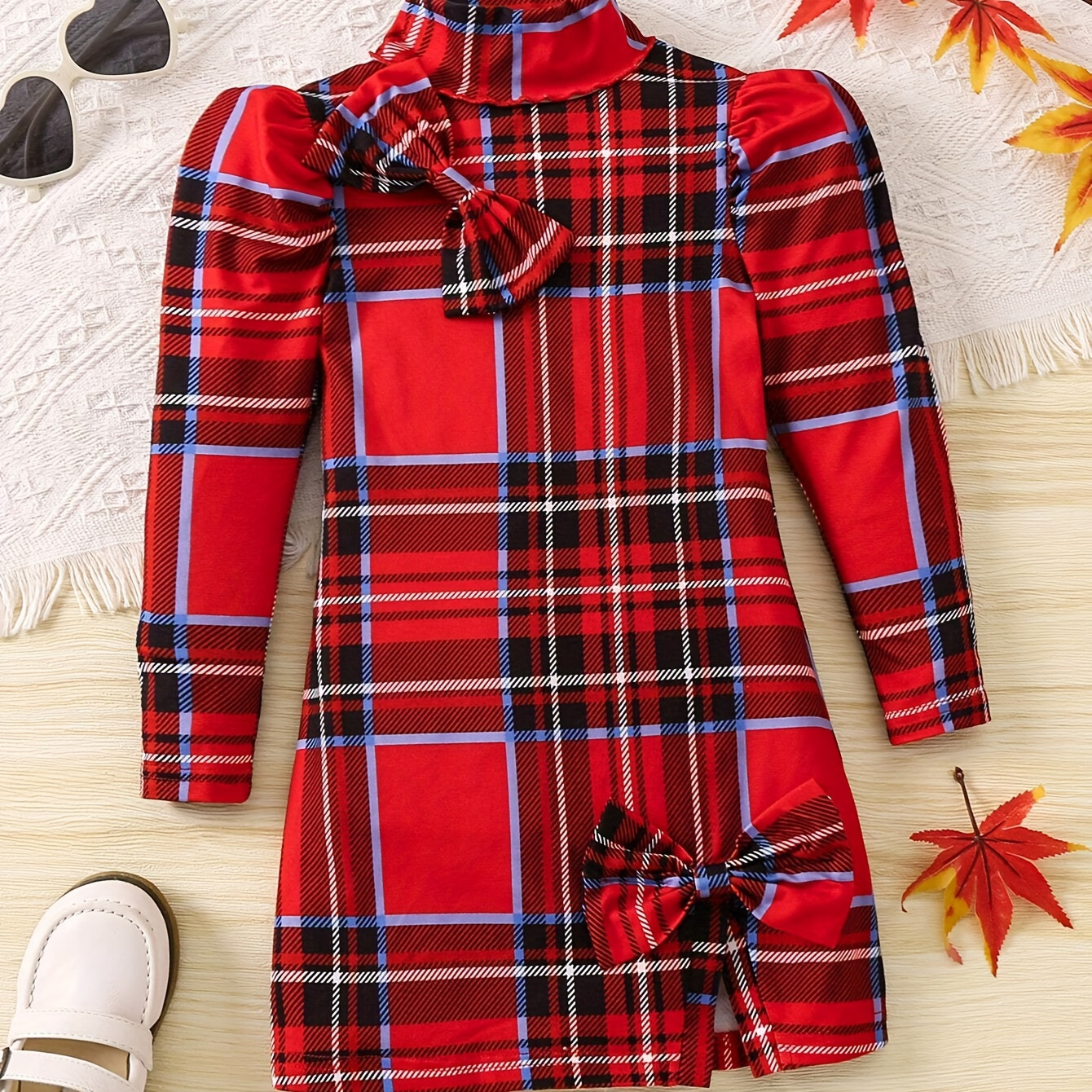 

Toddler Girls Vintage Style Plaid Puff Long Sleeve Bow Decor Dress Elegant Split Side Dresses Spring Fall Christmas New Year Gift