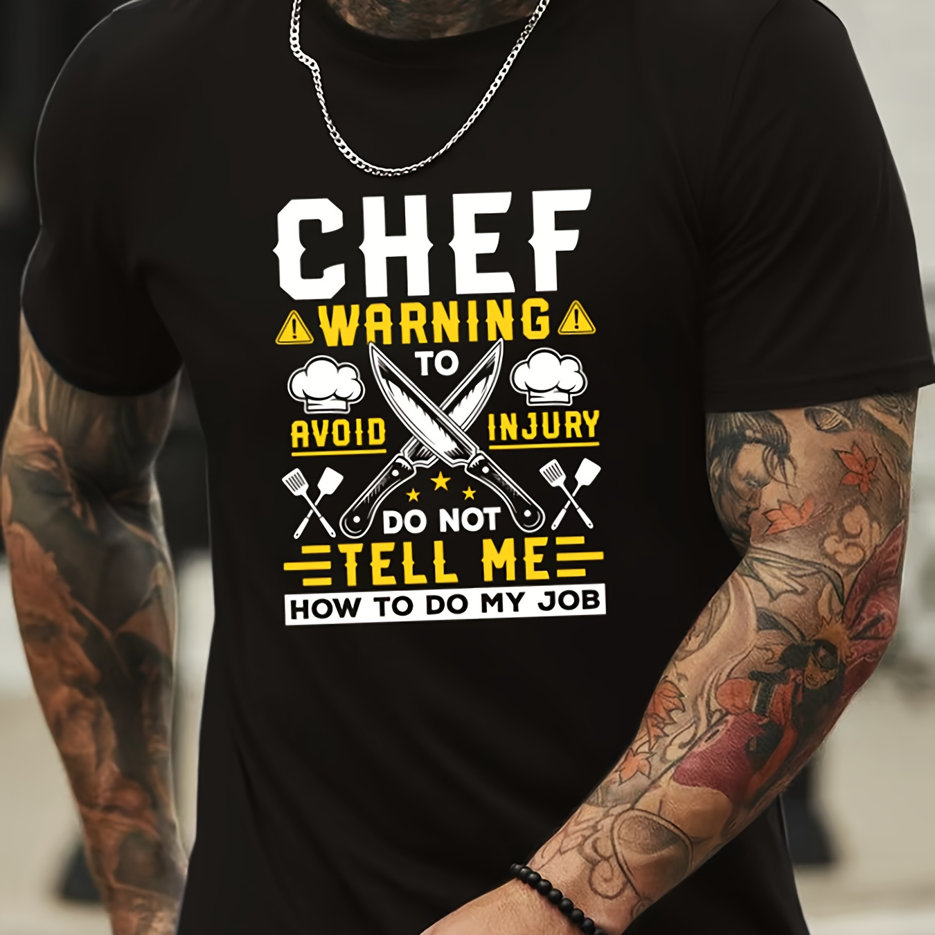 

Chef Warning And Kitchen Utensils Graphic Print, Men's Short Sleeve Crew Neck T-shirts, Slim Fit Shirt For Exercise