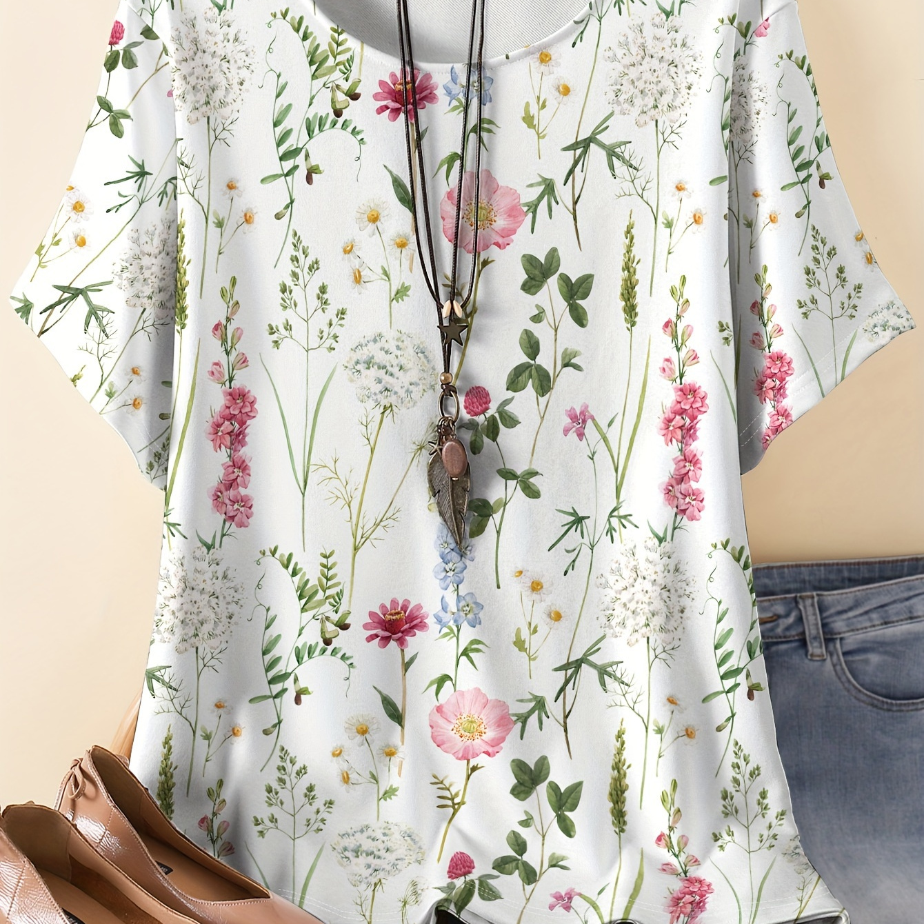 

Plus Size Women's Floral Print T-shirt - Casual & Comfortable Round Neck Short Sleeve In Lightweight Polyester , Machine Washable - Summer