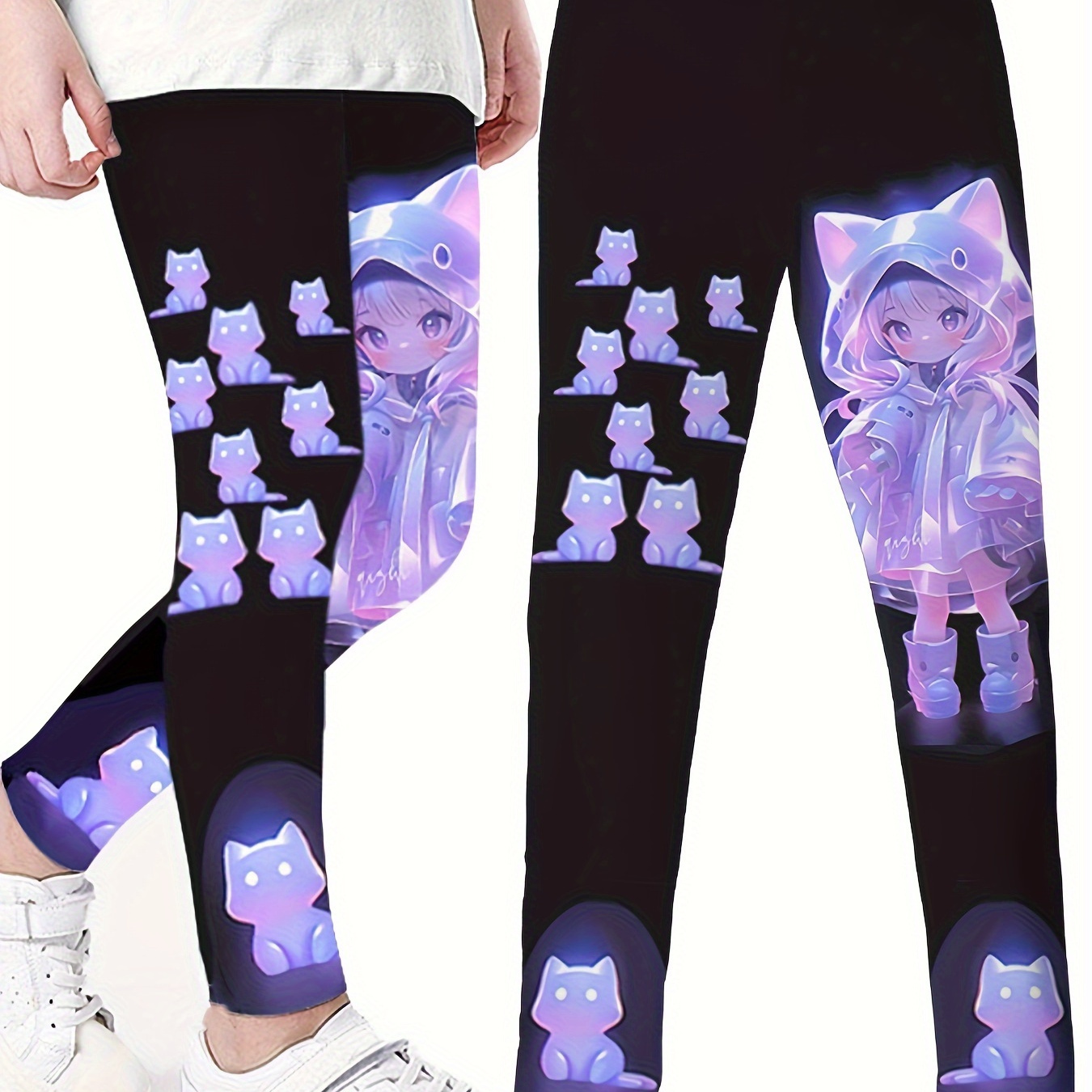 

Cartoon Cat And Character Print Pants For Girls, Casual And Stylish Breathable Summer Leggings Daily Wear