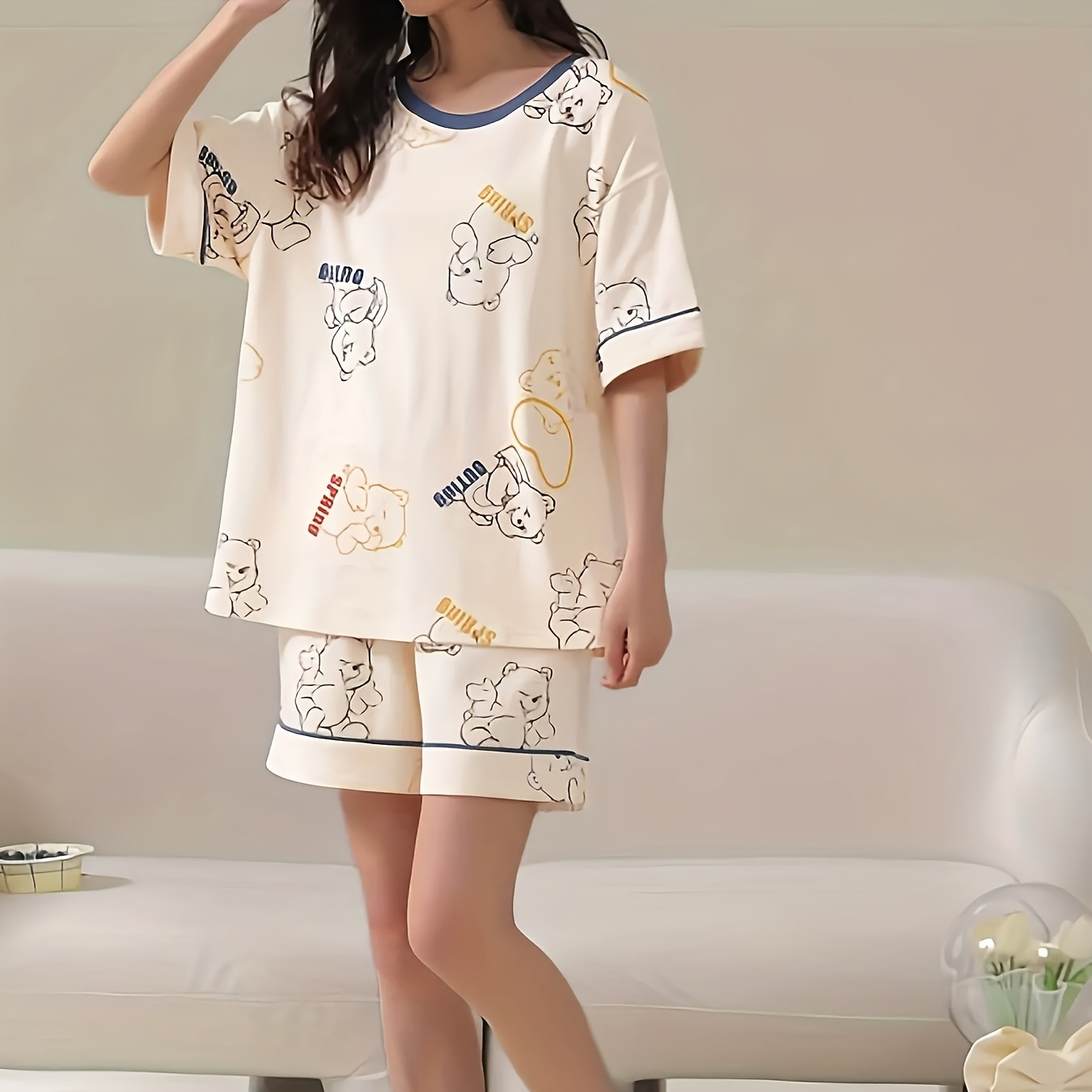 

Cute Bear Print Pajama Set, Casual Short Sleeve Round Neck Top & Elastic Shorts, Women's Sleepwear