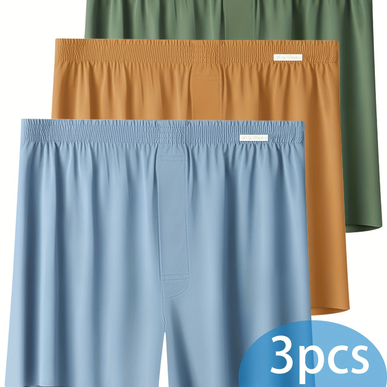 

3pcs Men's Ice Shorts - Soft, Breathable, Seamless, Loose Olive Green, Orange & Light Blue, Summer Sports & Casual Wear, Summer Sports Shorts | Knitted Fabric | Stretchy Fabric