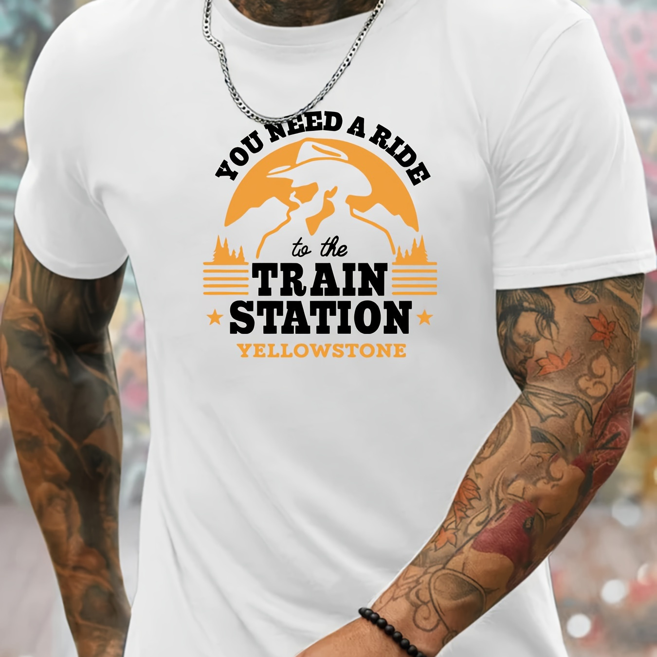 

Ride To Train Station Letter Print Men's Crew Neck Short Sleeve Tees, Casual T-shirt, Summer Slight Stretch Comfortable & Breathable Top For Everyday Wear