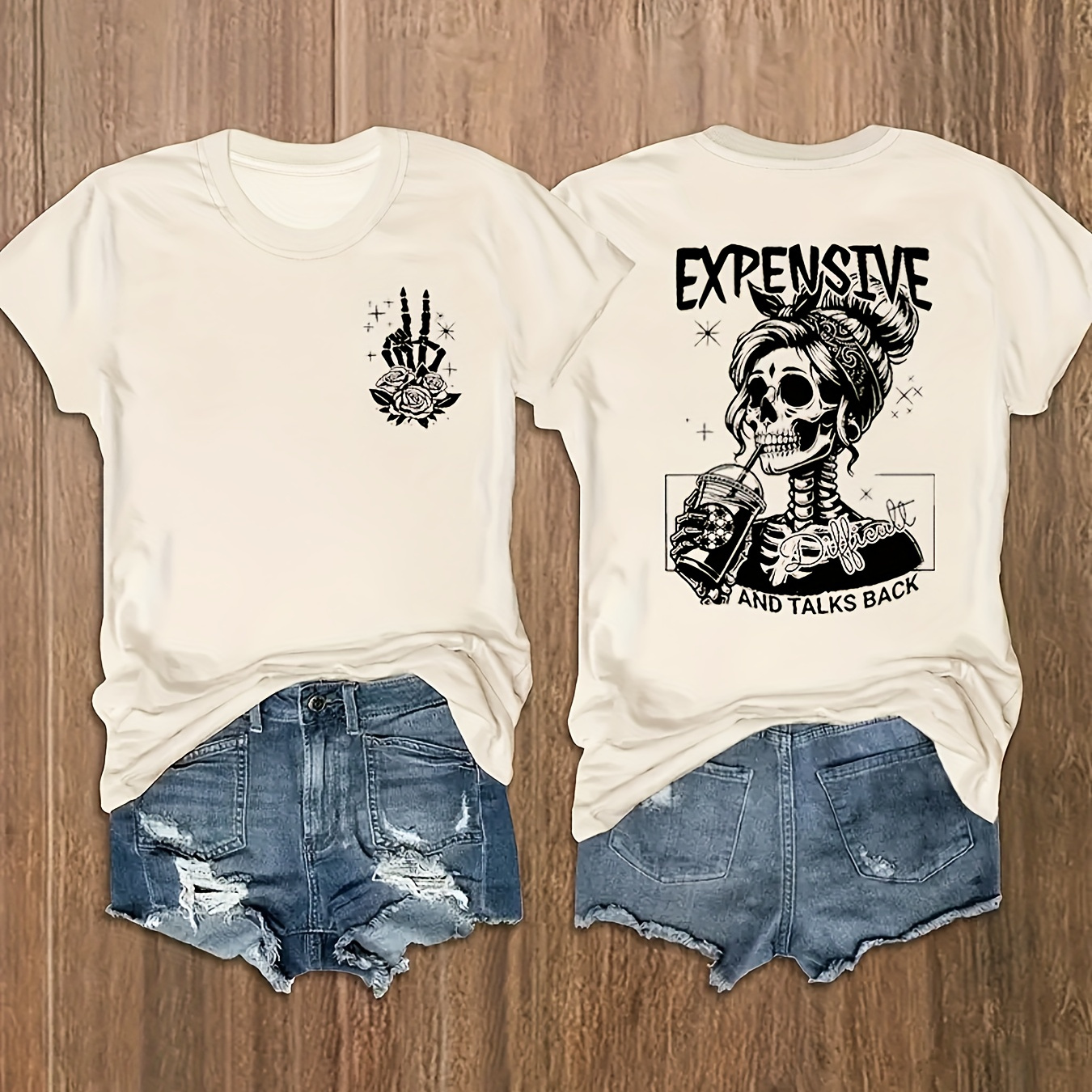 

Halloween Skull Neck T-shirt, Casual Short Sleeve Top For , Women's Clothing