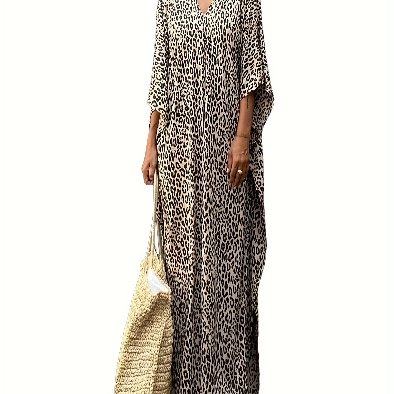 

Leopard Print Loose Fit V Neck Cover Up Dress, Plus Size Beach Kaftan, Women's Swimwear & Clothing