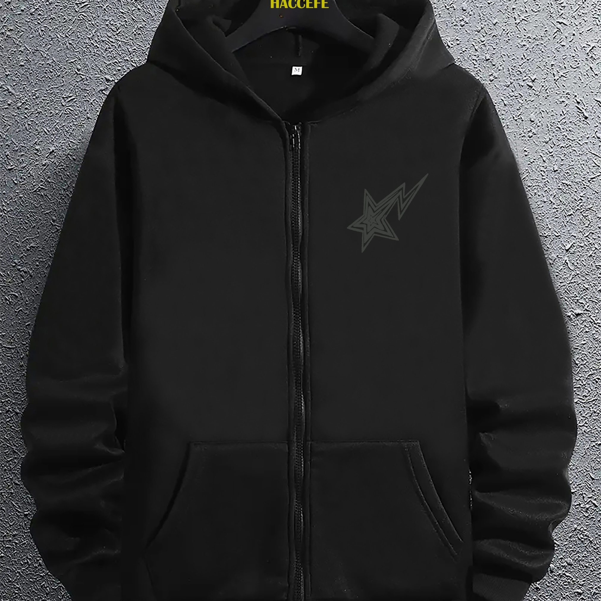 

Star Pattern Hoodie With Kangaroo Pocket, Men's Casual Slightly Stretch Pullover Hooded Sweatshirt For Fall Winter