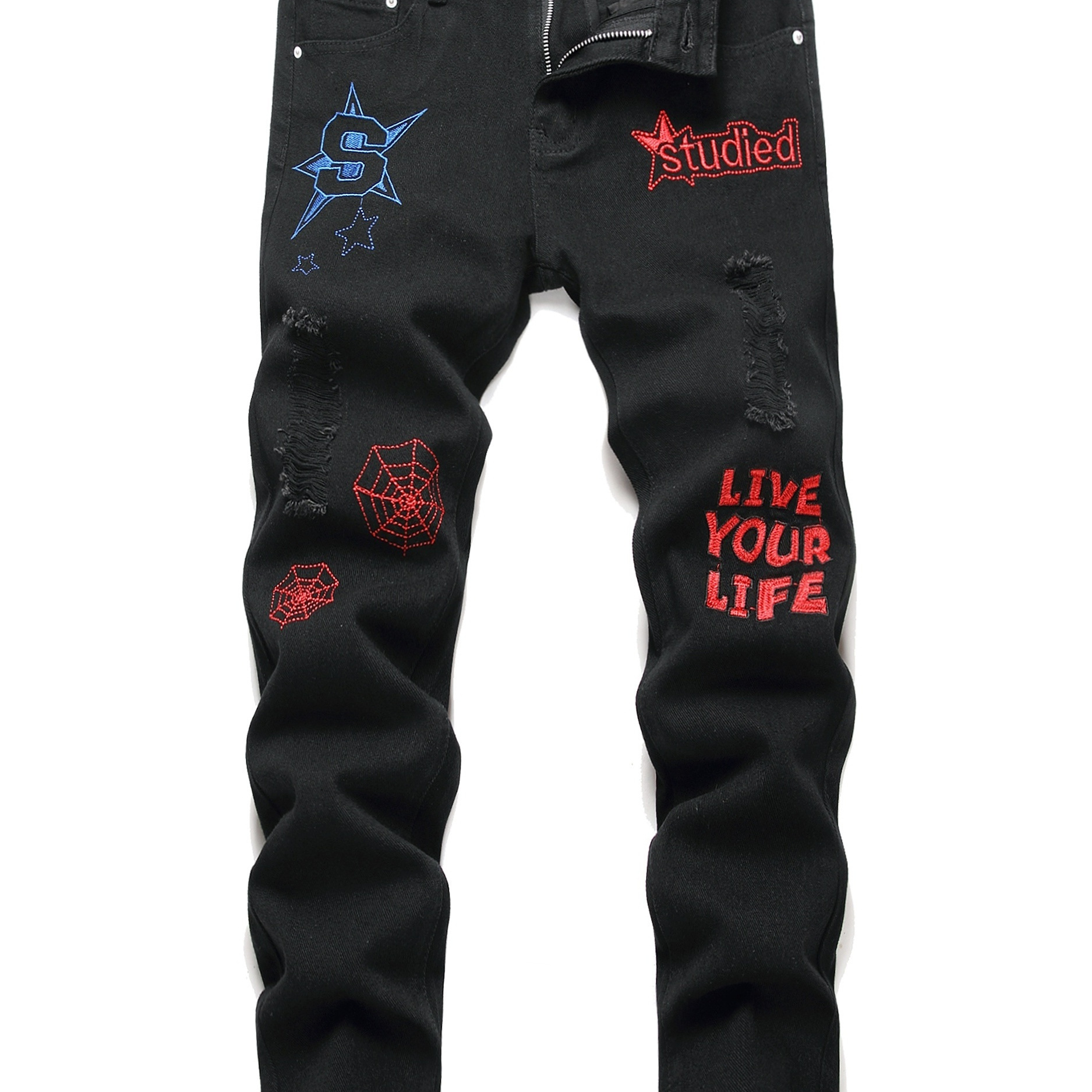 

Boys Graffiti Letter Embroidered Jeans Skinny Slim Fit Washed Denim Long Pants, Kids Clothing Outdoor