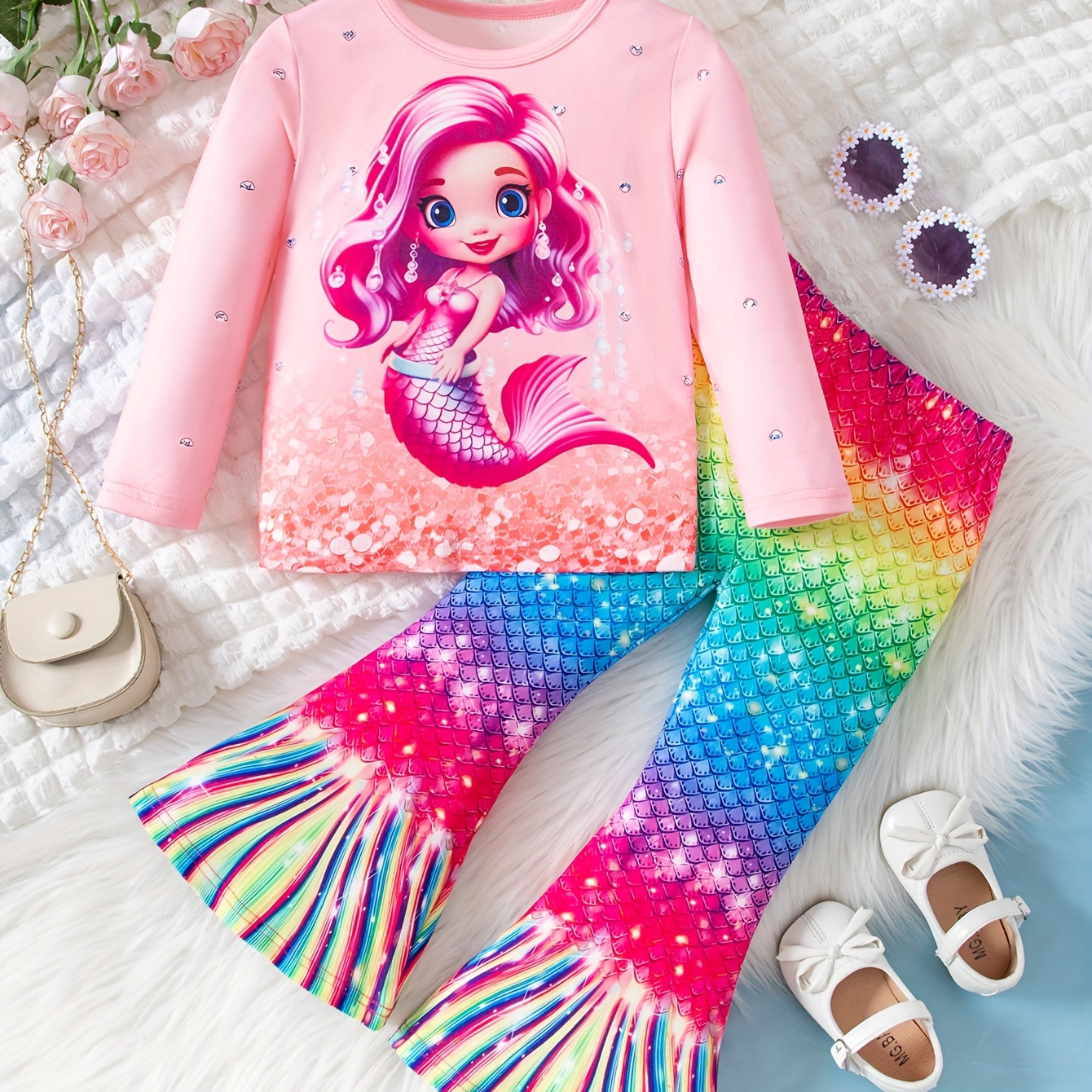 

Toddler Girls 2pcs Mermaid Princess Print Crew Neck Long Sleeve T-shirt + Rainbow Fish Scale Print Flare Pants Set Spring Fall Party Gift