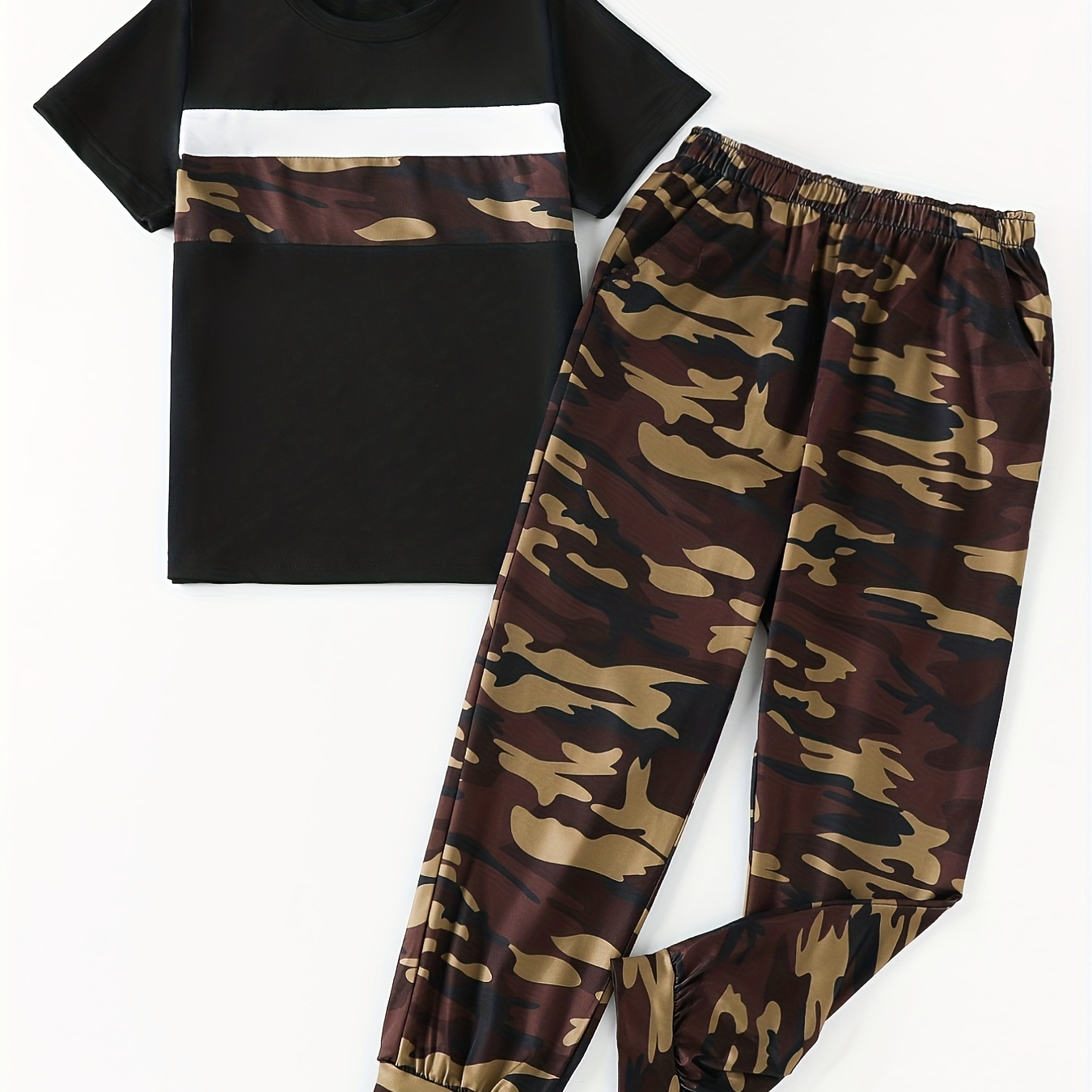 

Boy's Camouflage Stitching T-shirt & Sport Shorts Set, Casual Comfortable Short Sleeve Top And Pants For Summer Kids