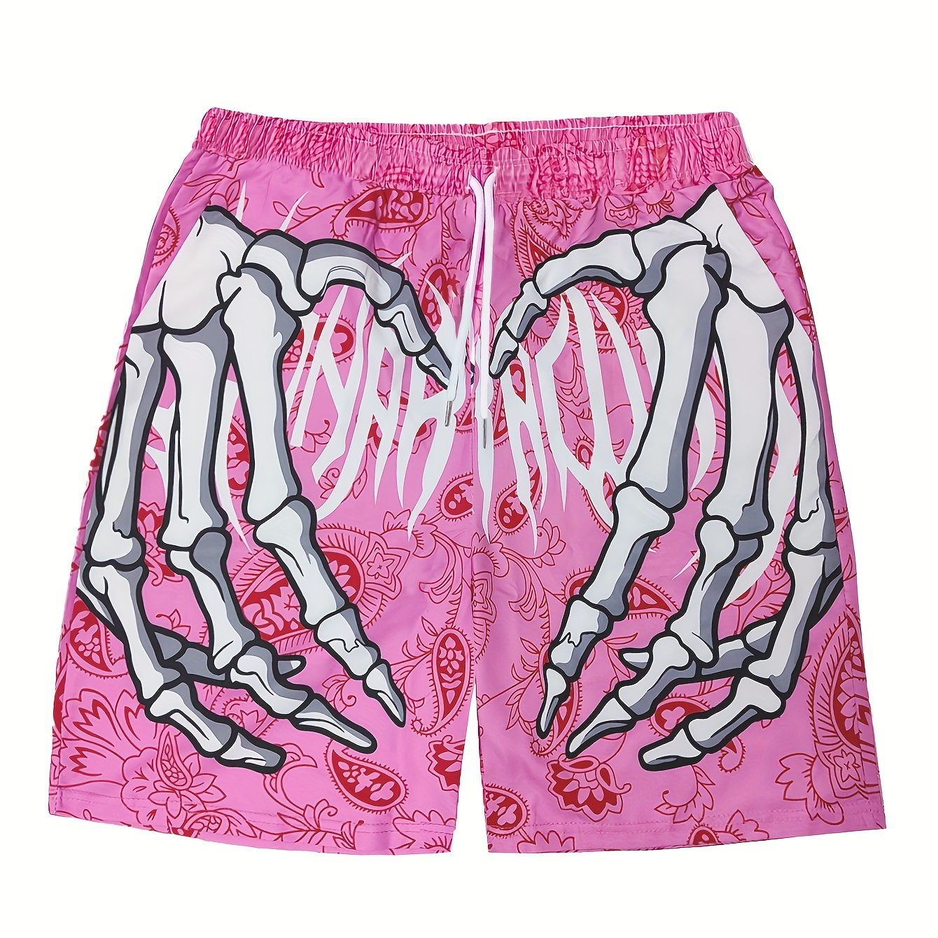 

Men's Paisley And Skeleton Hand Pattern And Alphabet Print Shorts With Drawstring And Pockets, Chic And Stylish Shorts For Summer Street Wear