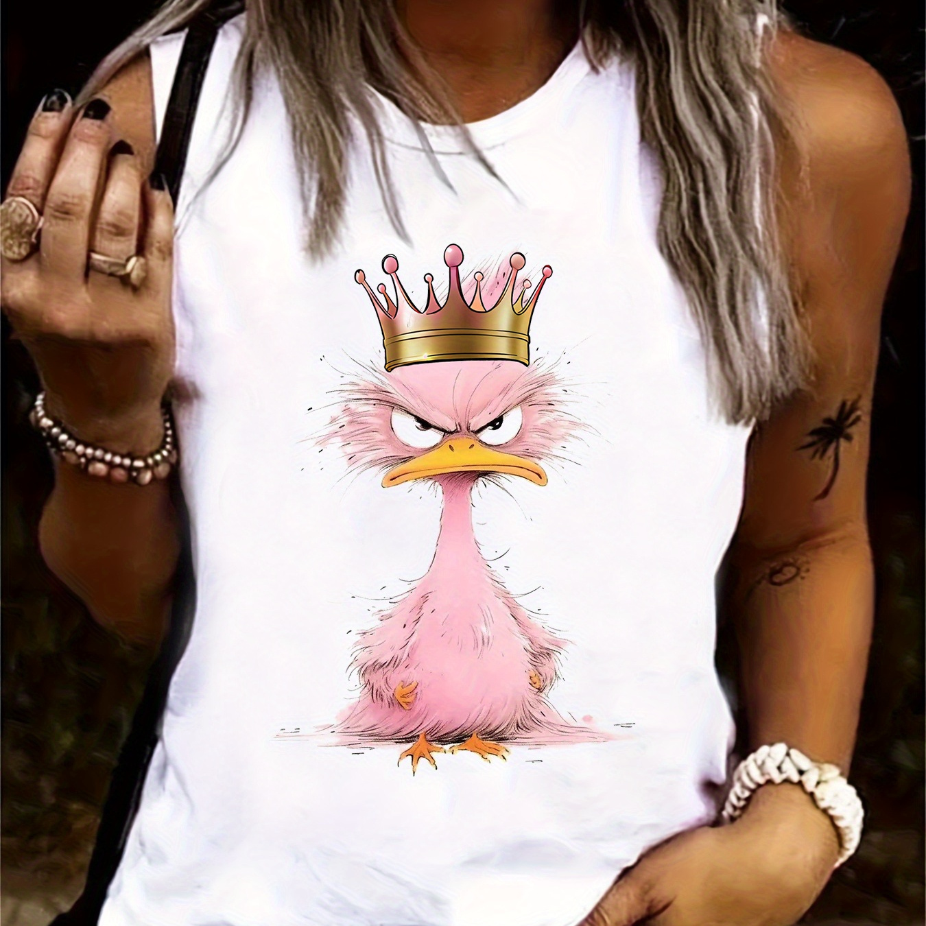 

Anger Duck Print Crew Neck Tank Top, Versatile Sleeveless Tank Top For Summer, Women's Clothing