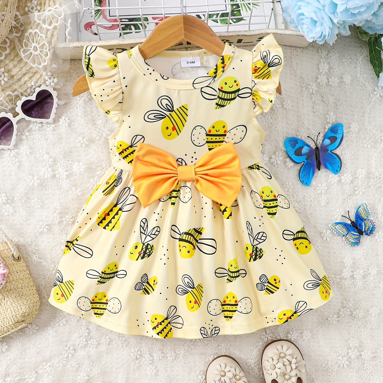 

Robe à manches courtes à imprimé complet d'abeille mignonne pour bébé, vêtements pour filles nourrissons et tout-petits pour l'été/le printemps, comme cadeau