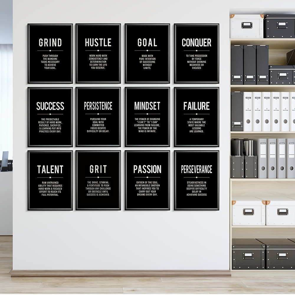 

12pcs/set Modern Black Canvas Wall Art With Motivational Quotes - Minimalistic Design For Office, Home, And Gifts - Large Wall Paintings (no Frame)