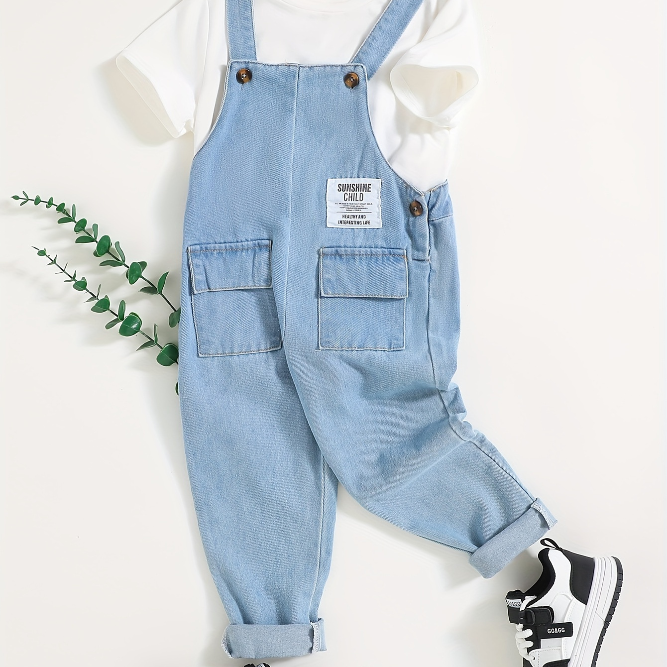 

Stylish Boys Denim Overall Pants, Letter Patched Jumpsuit With Pockets