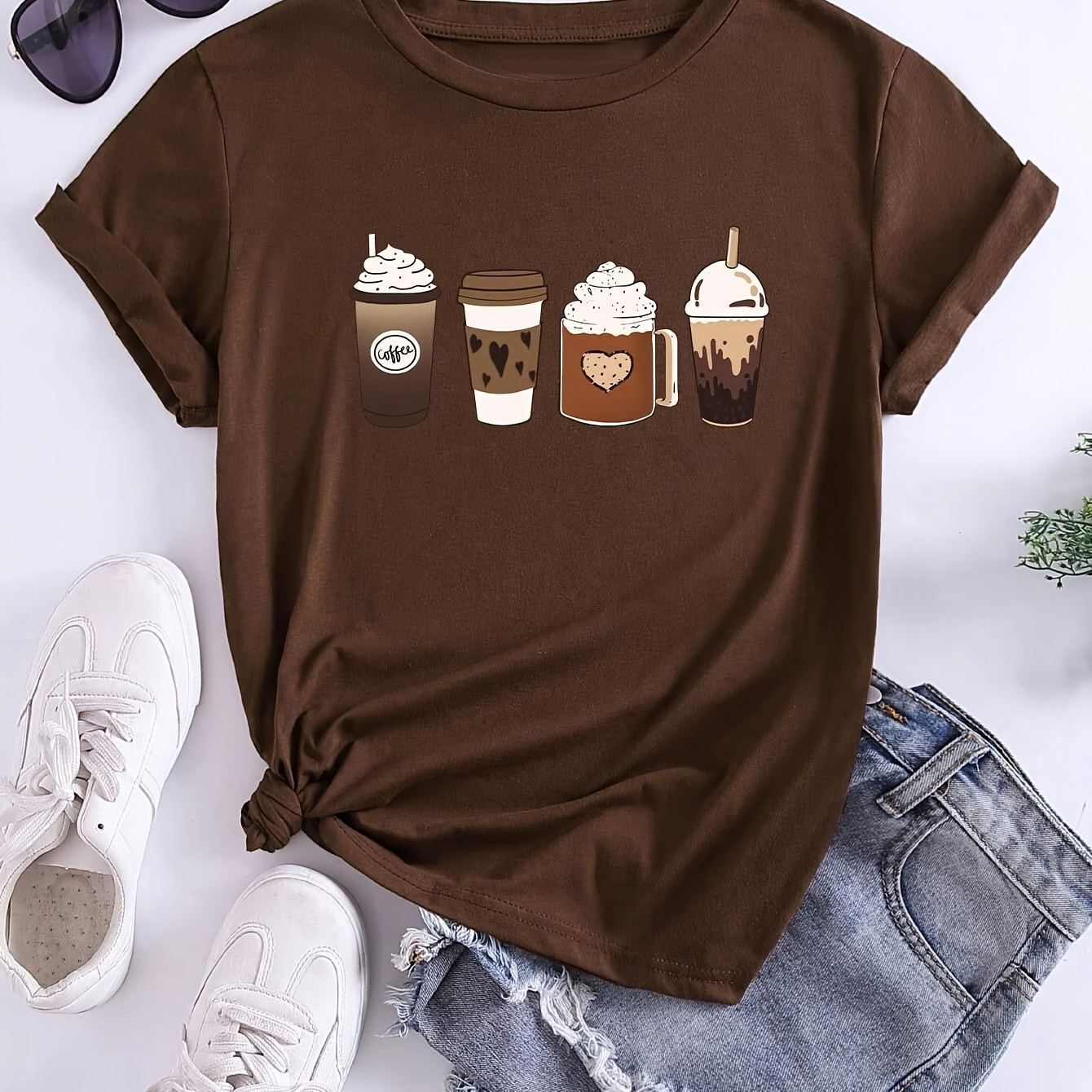 

Coffee Print Crew Neck T-shirt, Casual Short Sleeve T-shirt For Spring & Summer, Women's Clothing