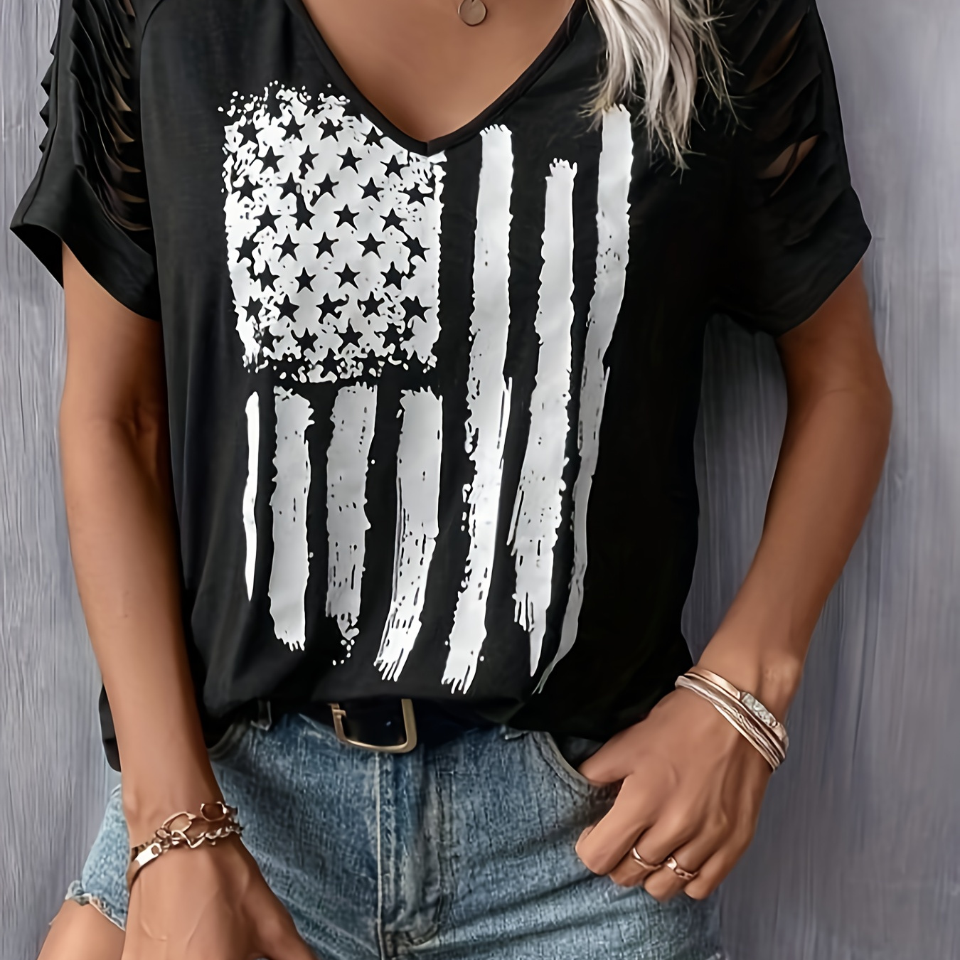 

Flag Print Ripped T-shirt, Casual V Neck Short Sleeve Top For Spring & Summer, Women's Clothing