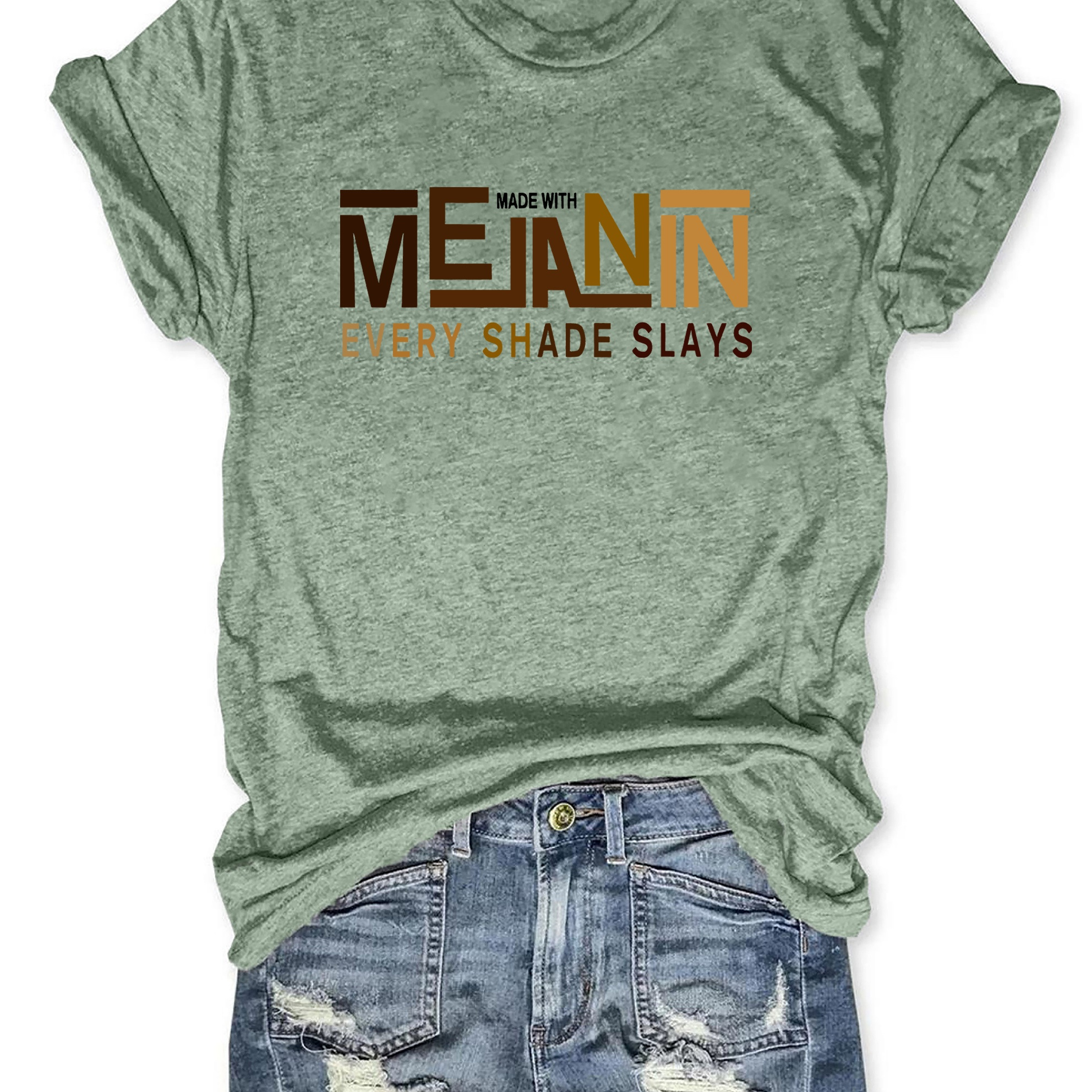 

Melanin Print Crew Neck T-shirt, Casual Short Sleeve Top For Spring & Summer, Women's Clothing
