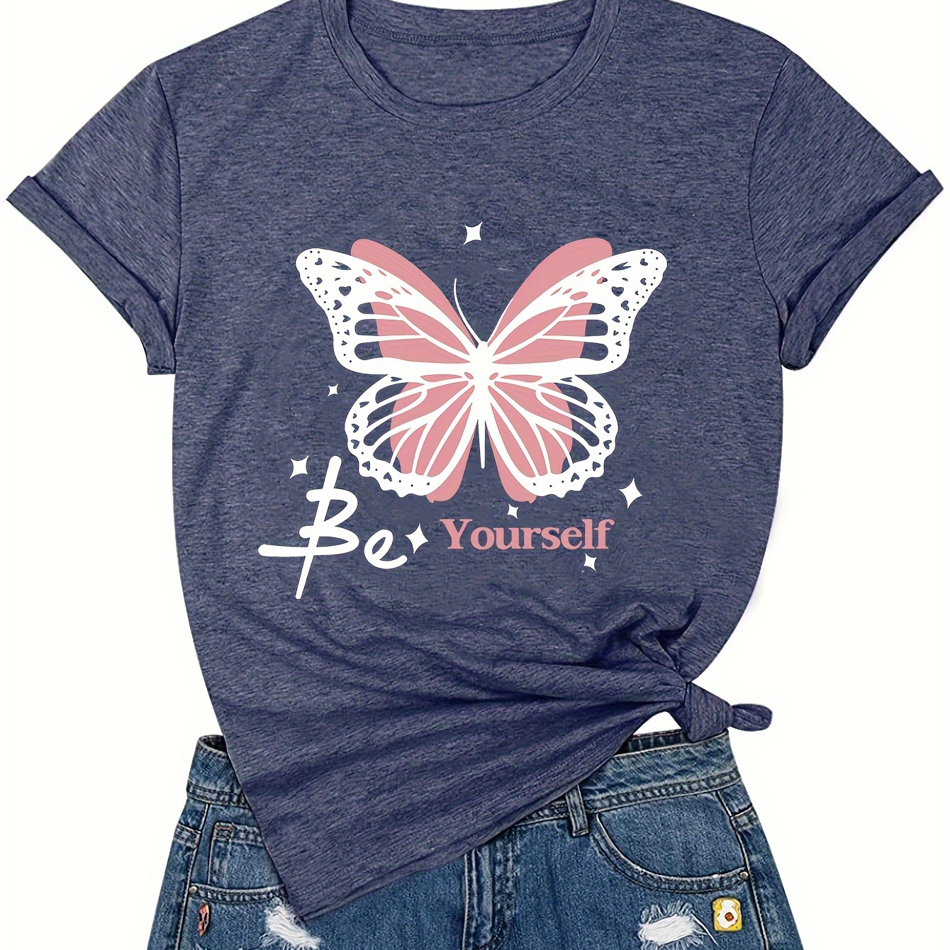 

Butterfly Print Crew Neck T-shirt, Short Sleeve Casual Top For Summer & Spring, Women's Clothing