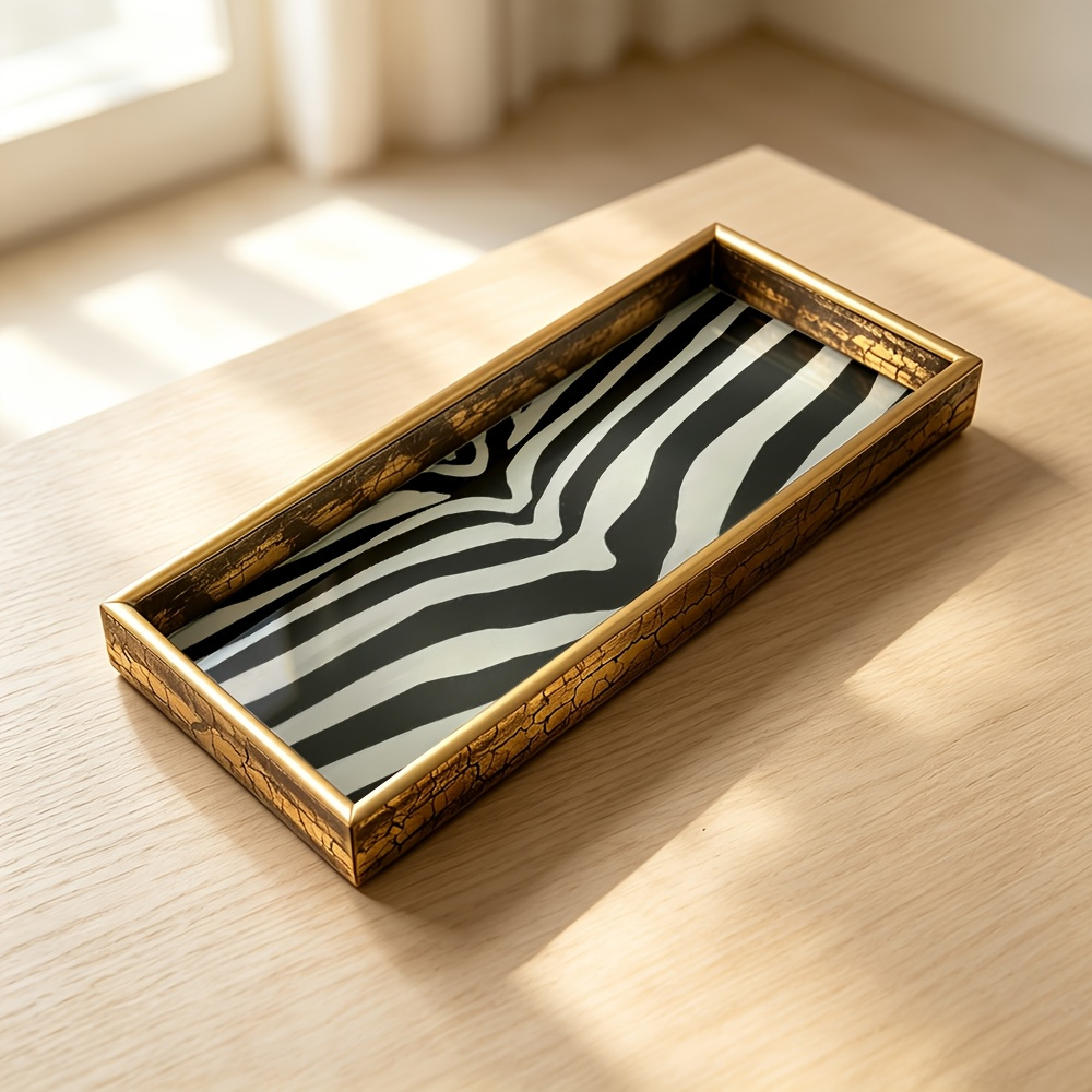 TEMU Bandeja de vidrio, 1 pieza, almohada con estampado de cebra y negro, bandeja de almacenamiento para joyas, perfumes, llaves, adornos, adecuada