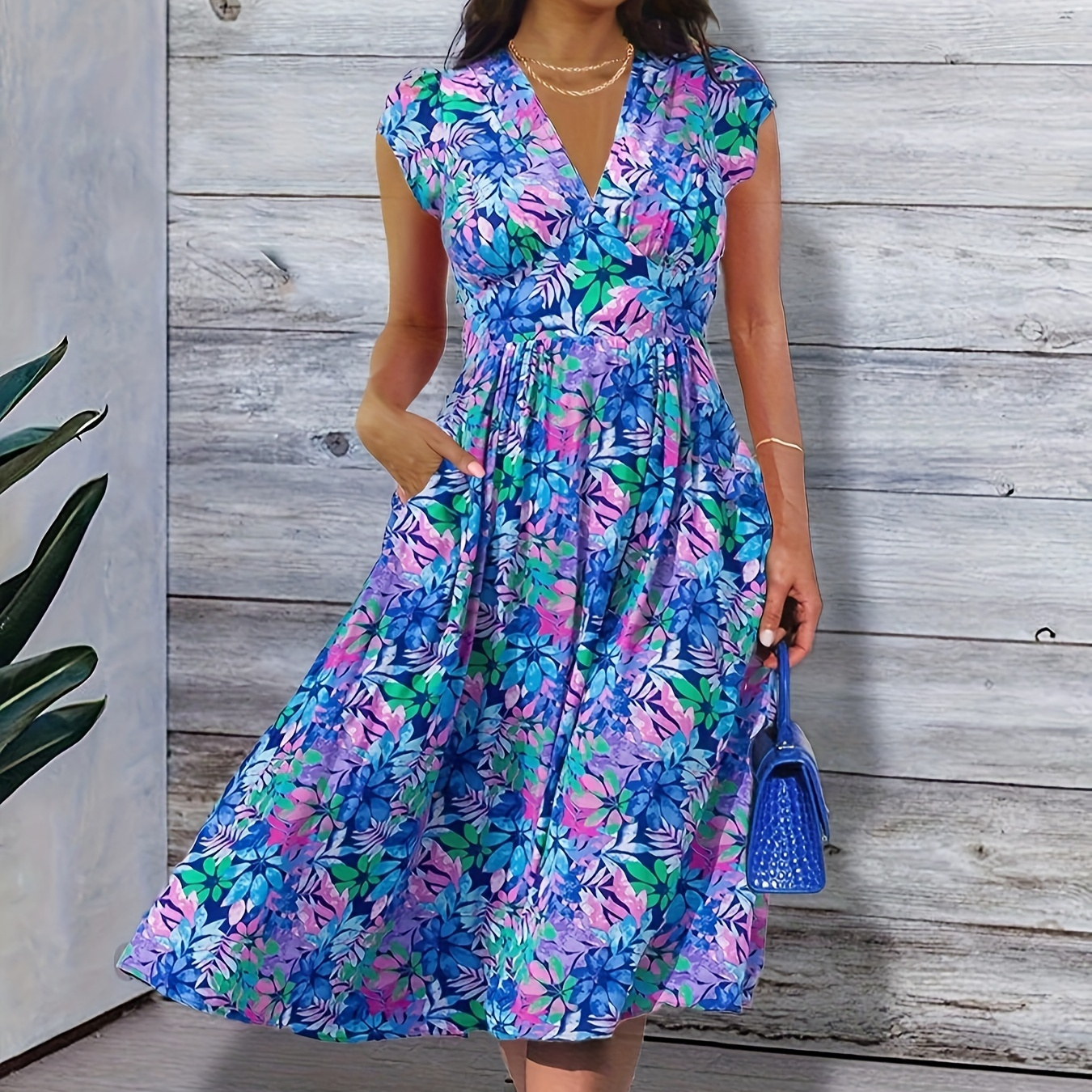 

Floral Print V Neck Dress, Boho Short Sleeve Midi Dress For Spring & Summer, Women's Clothing