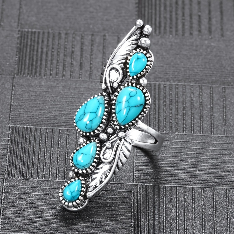 

Vintage Silvery Ring Oval Cut Waterdrop Turquoise Jewelry Birthday Gift Engagement Party Band Ring