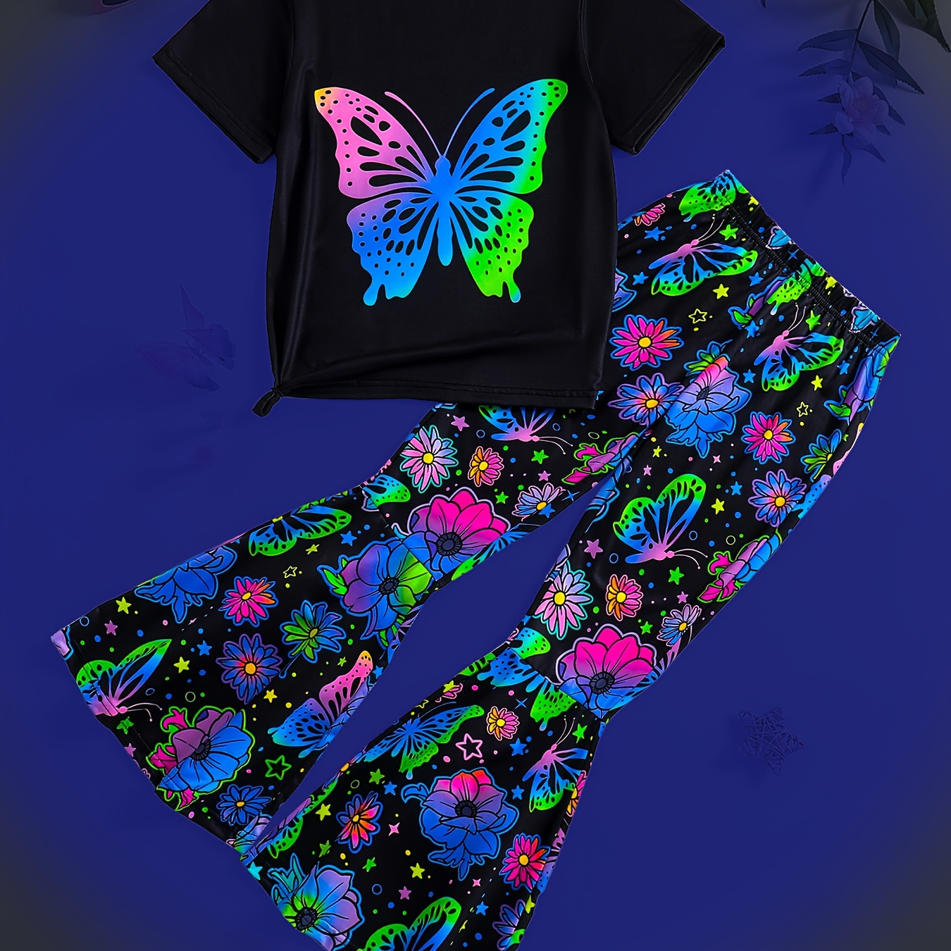 

Girls 2pcs Glow-in-the-dark Butterfly Pattern T-shirt + Flare Leg Pants Holiday Trendy Set, Summer Gift