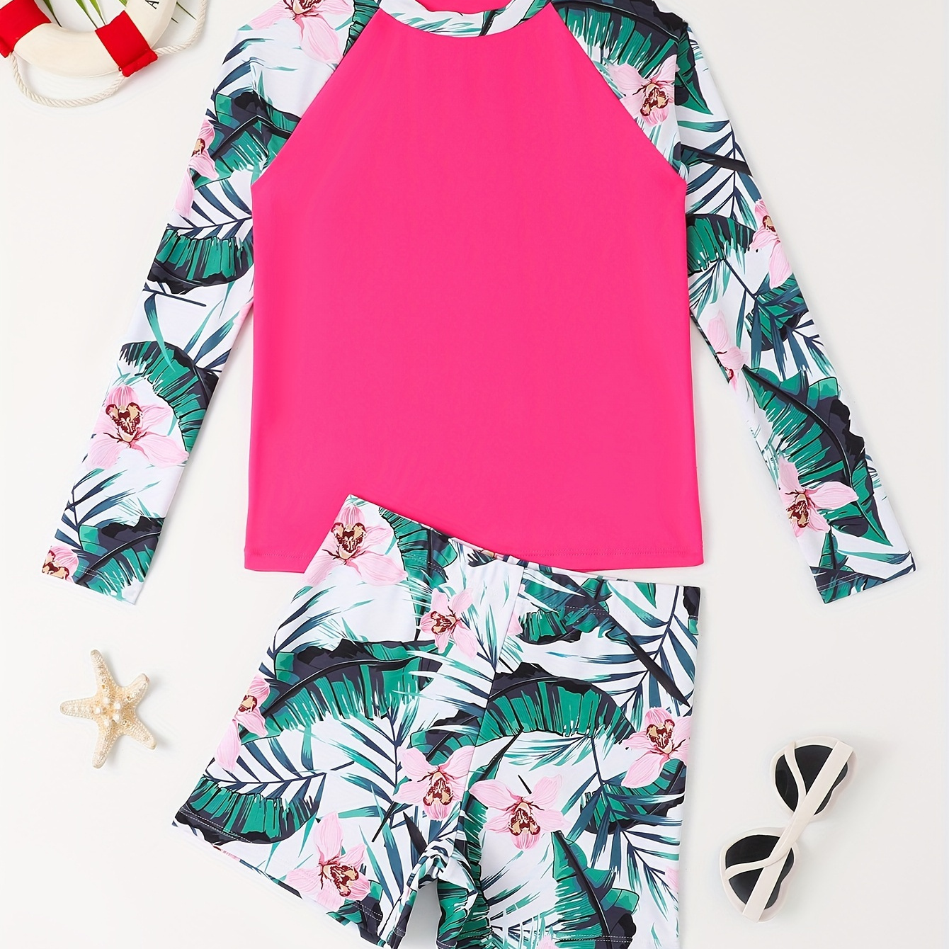 

Girls Trendy 2pcs Swimwear Set, Splicing Long Sleeve Top + Shorts Set Summer Clothes Gift