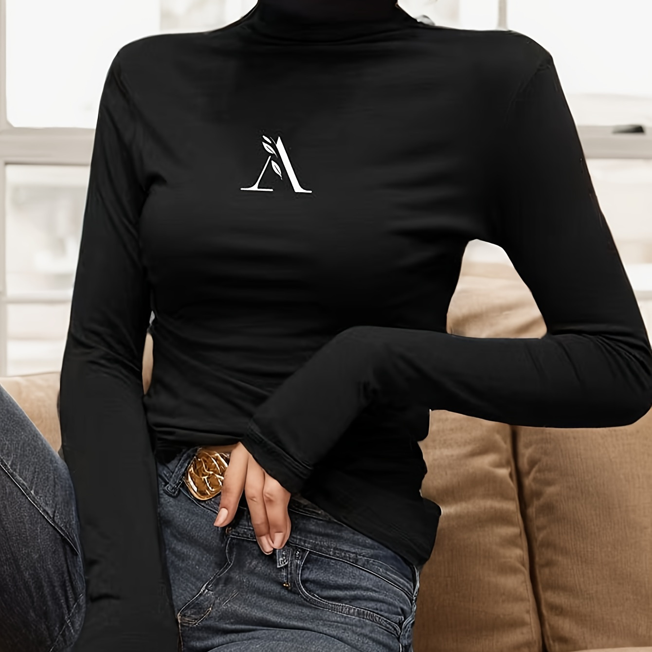 

Letter Print Turtle Neck T-shirt, Casual Long Sleeve T-shirt For Spring & Fall, Women's Clothing