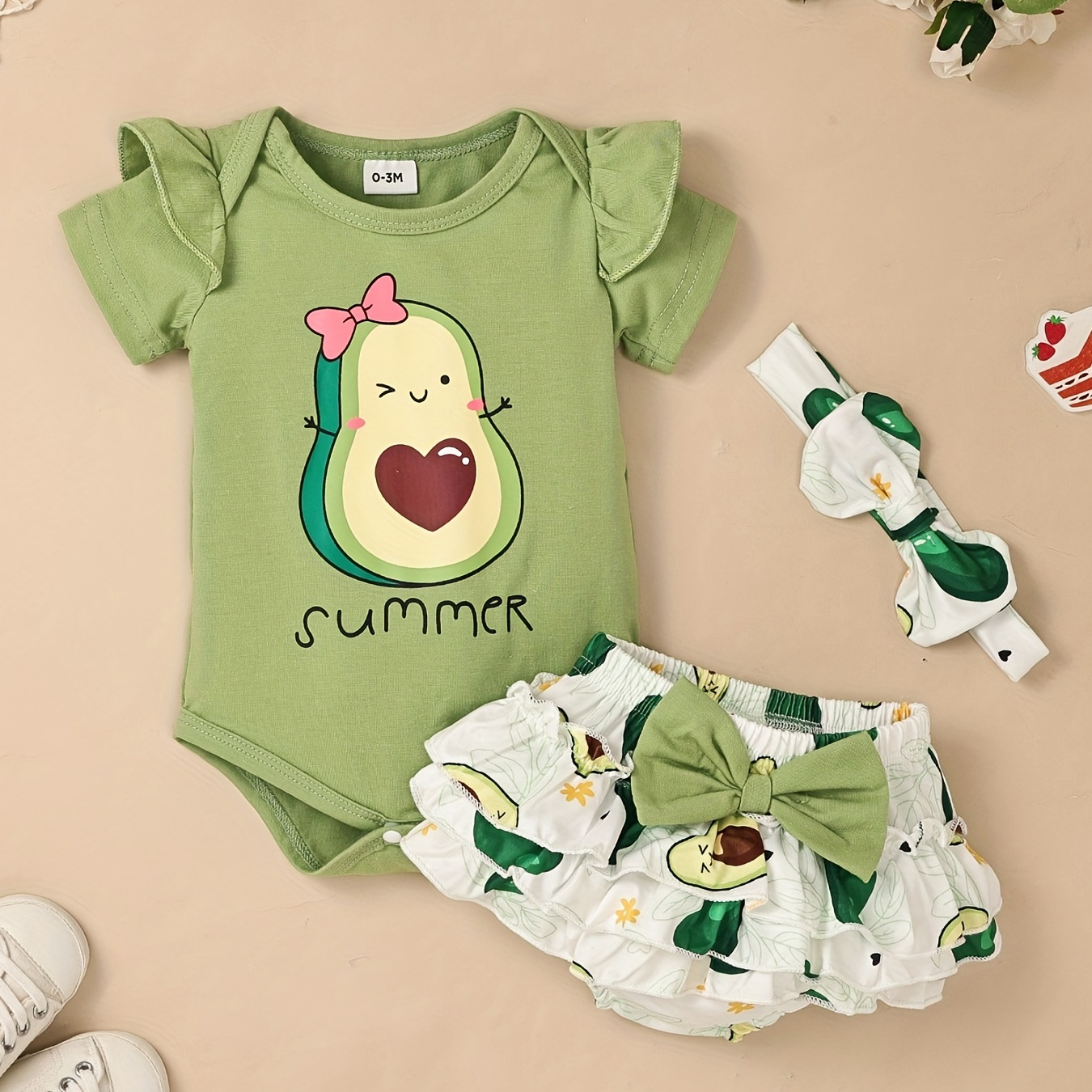 

Adorable 3-piece Summer Outfit For Baby Girls - Avocado/sunflower Romper, Bow Shorts Dress & Headband Set!