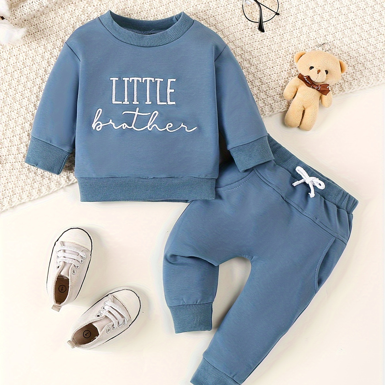 

2pcs Baby's Little Brother Embroidery Cotton Sweatshirt & Casual Pants, Toddler & Infant Boy's Clothing Set