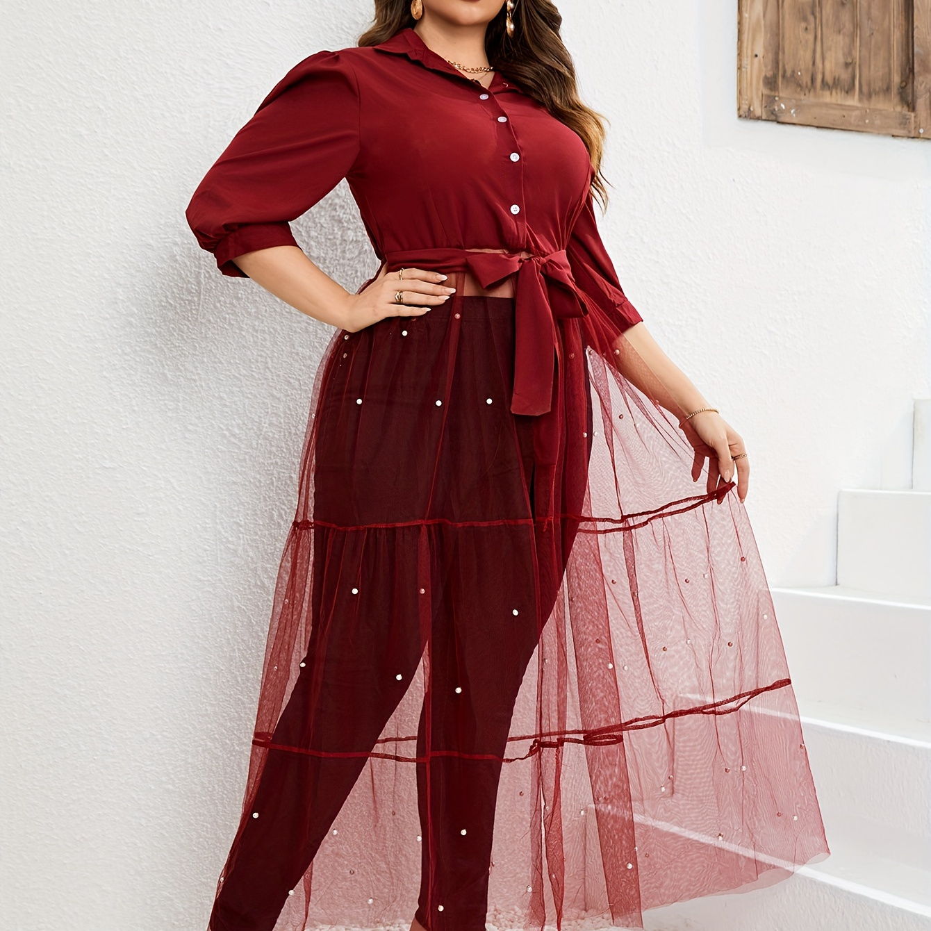 

Plus Size Elegant Dress, Women's Plus Bubble Sleeve Contrast Mesh Faux Pearl Decor Button Up Dress