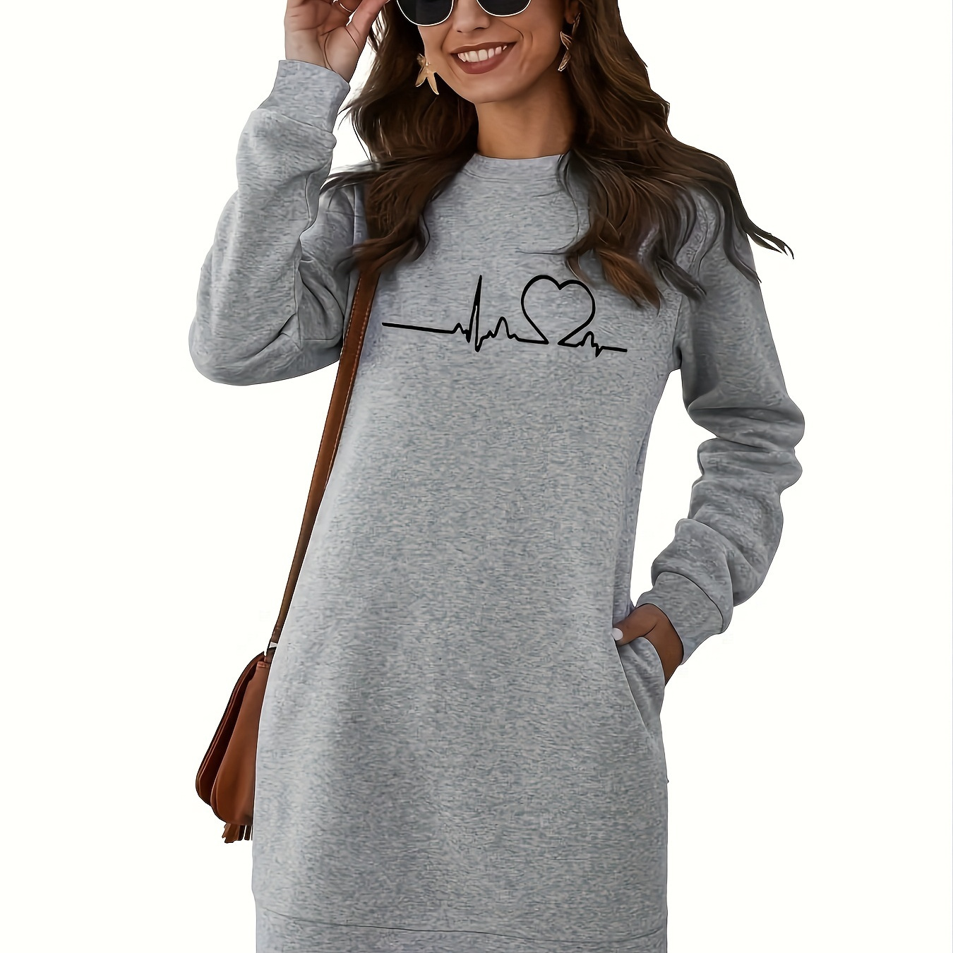 

Heart Print Crew Neck Pockets Dress, Casual Long Sleeve Warmly Dress For Fall ＆ Winter, Women's Clothing