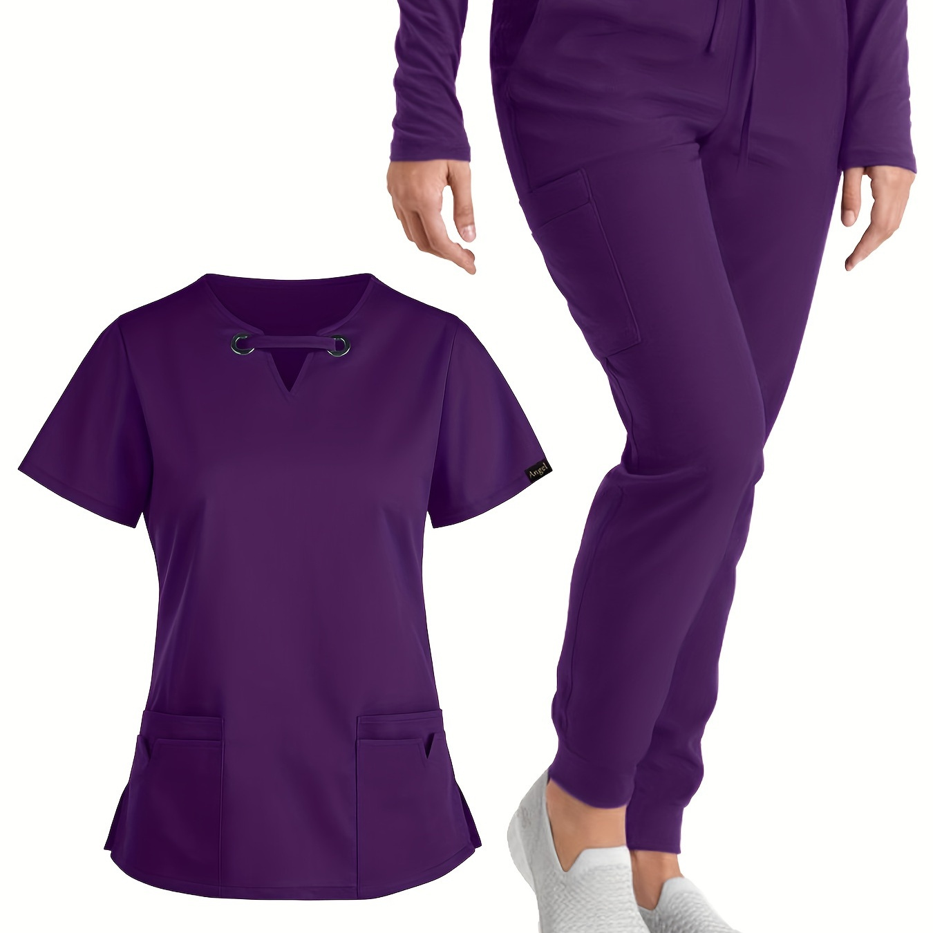 Solid Two-piece Set, Elegant Long Sleeve Scrub T-shirt & Drawstring Pants Outfits For Medical Care, Women's Clothing