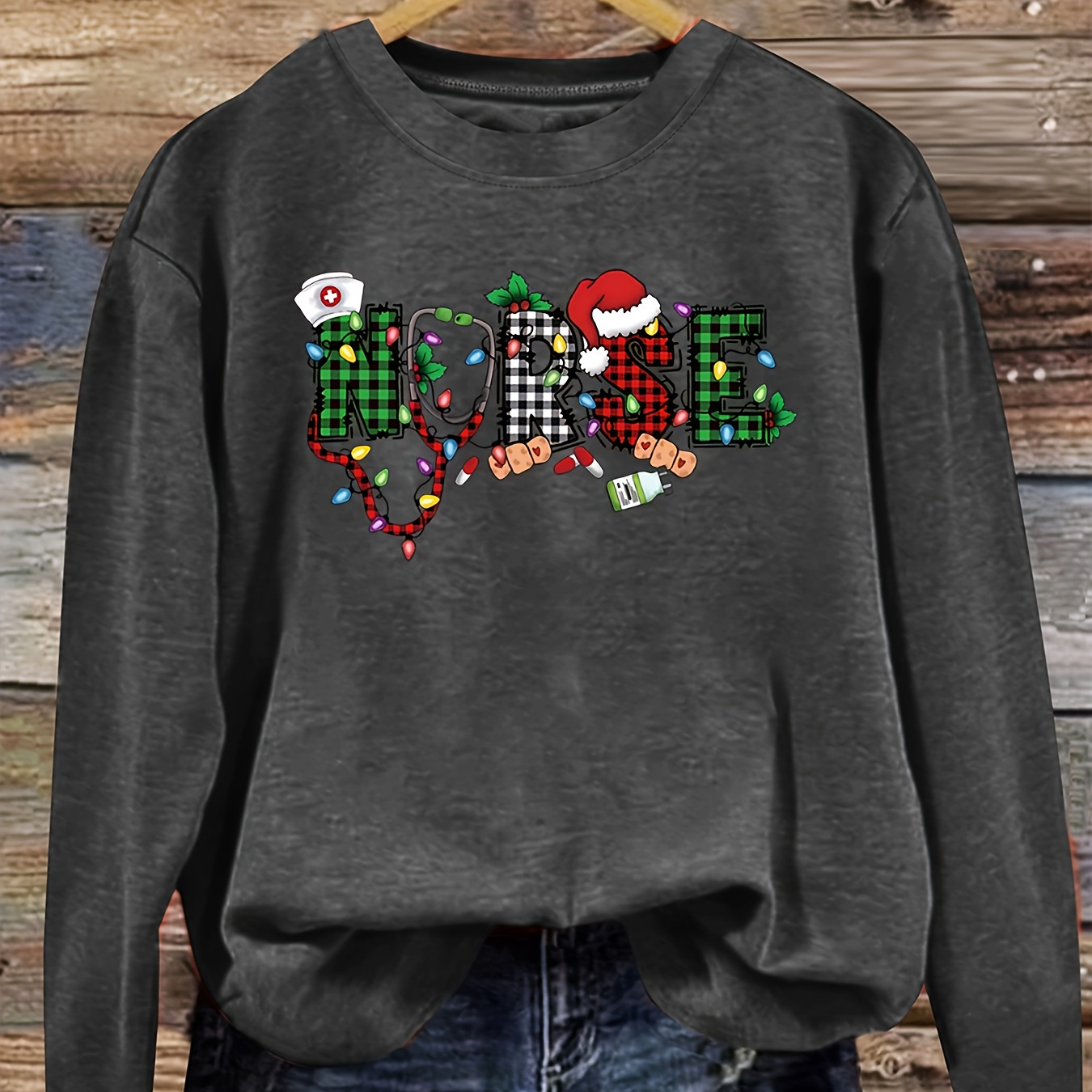 

Christmas Nurses Themed Sweatshirt For Women - Casual Round Neck Long Sleeve Top With Festive Alphabet , Medium Stretch