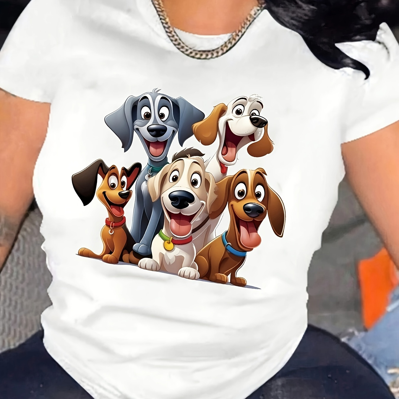 

Puppy Print Crew Neck T-shirt, Casual Short Sleeve T-shirt For Spring & Summer, Women's Clothing