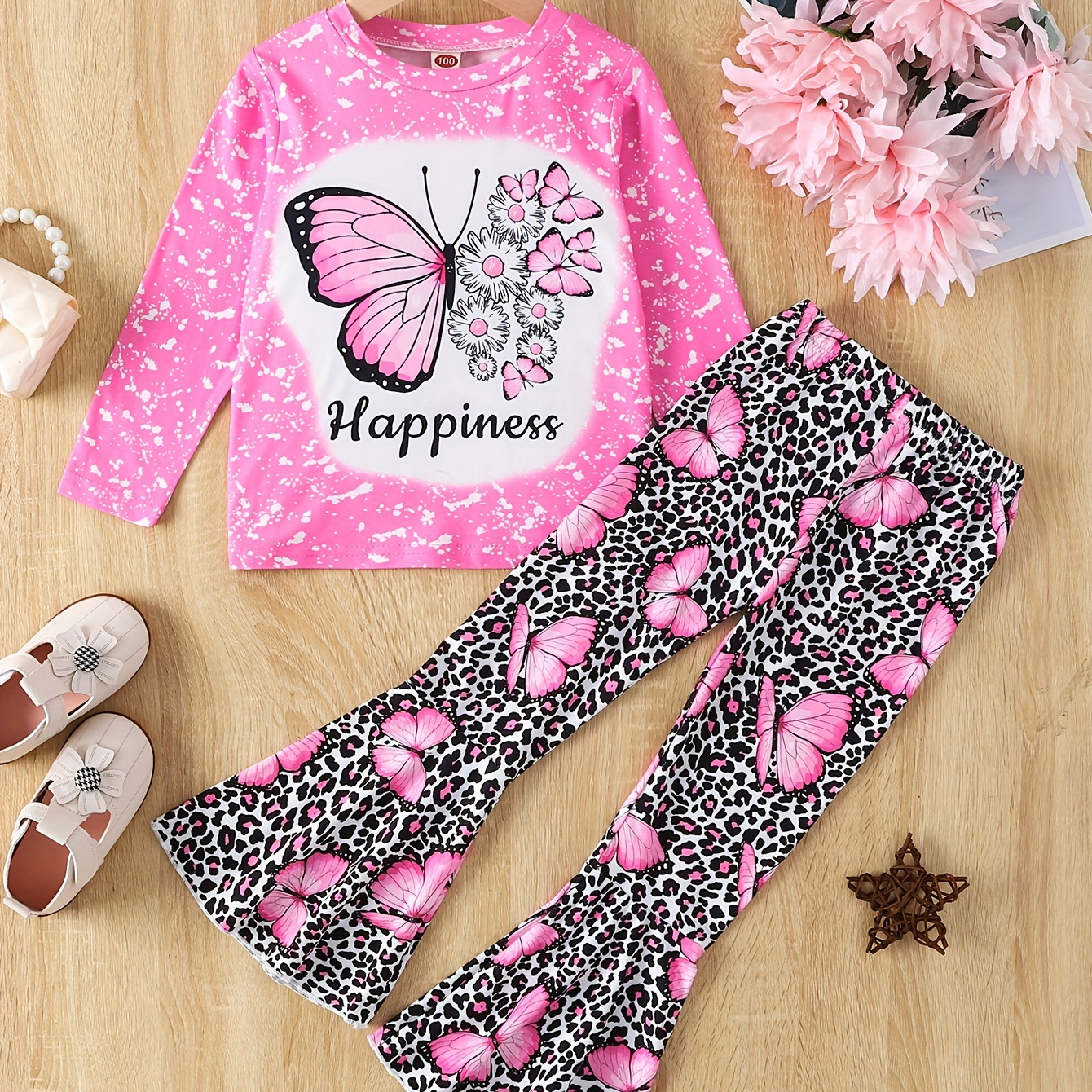 

Girl's Happiness Print Outfit 2pcs, Butterfly Print Long Sleeve Top & Leopard Pattern Flared Pants Set, Kid's Clothes For Spring Fall