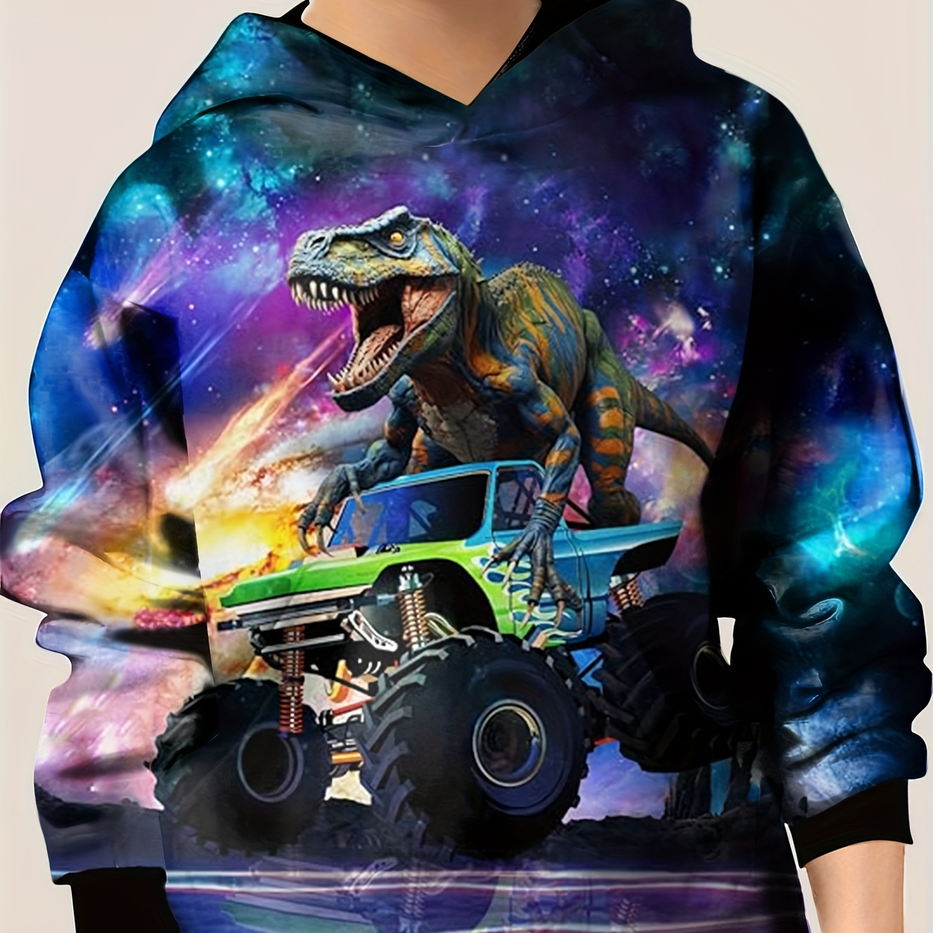 

3d Dino Truck Print Starry Sky Graphic Long Sleeve Hooded Sweatshirt Girls Boys Breathable Hoodies Sports