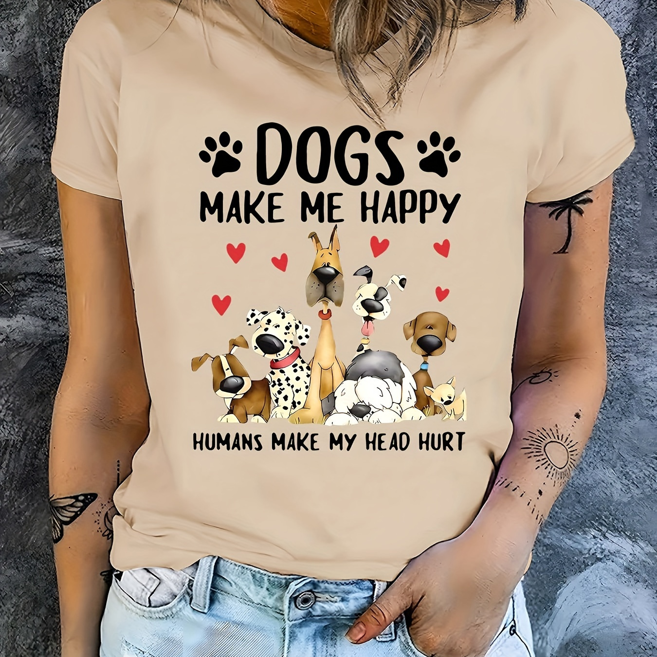 

Dogs & Letter Print T-shirt, Short Sleeve Crew Neck Casual Top For Summer & Spring, Women's Clothing